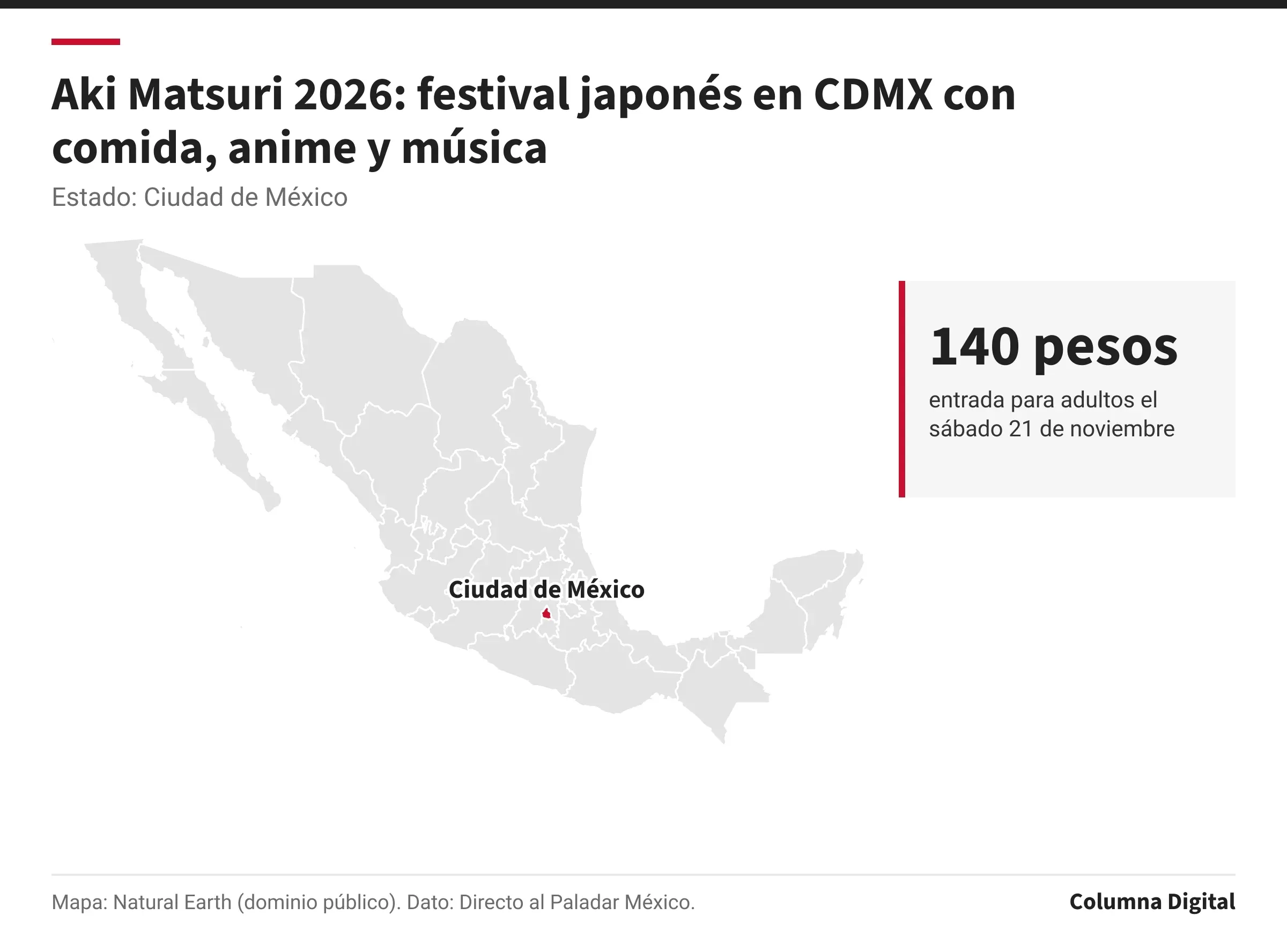 Mapa de México con Ciudad de México resaltado; 140 pesos: entrada para adultos el sábado 21 de noviembre.