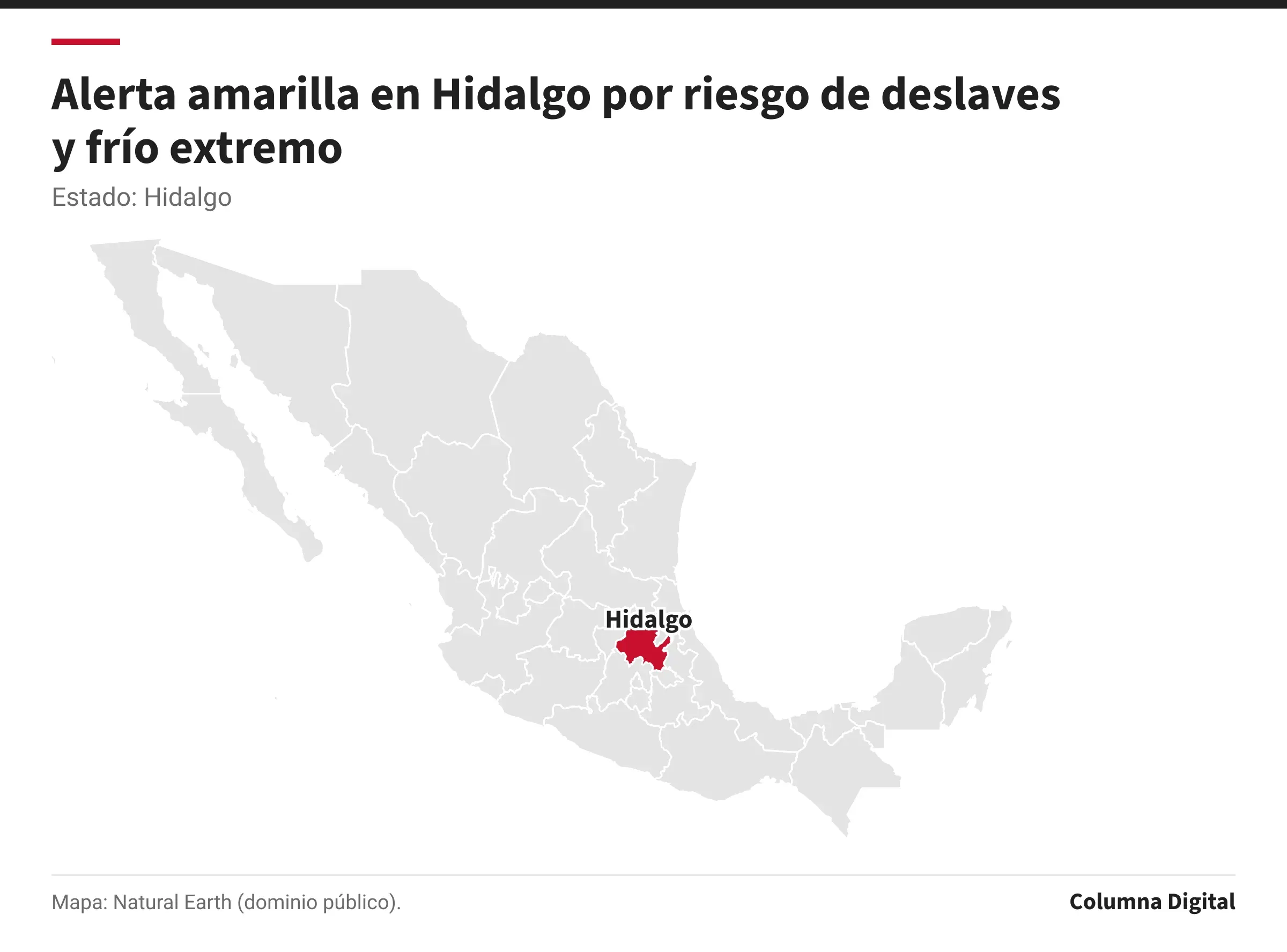 Mapa de México con Hidalgo resaltado.