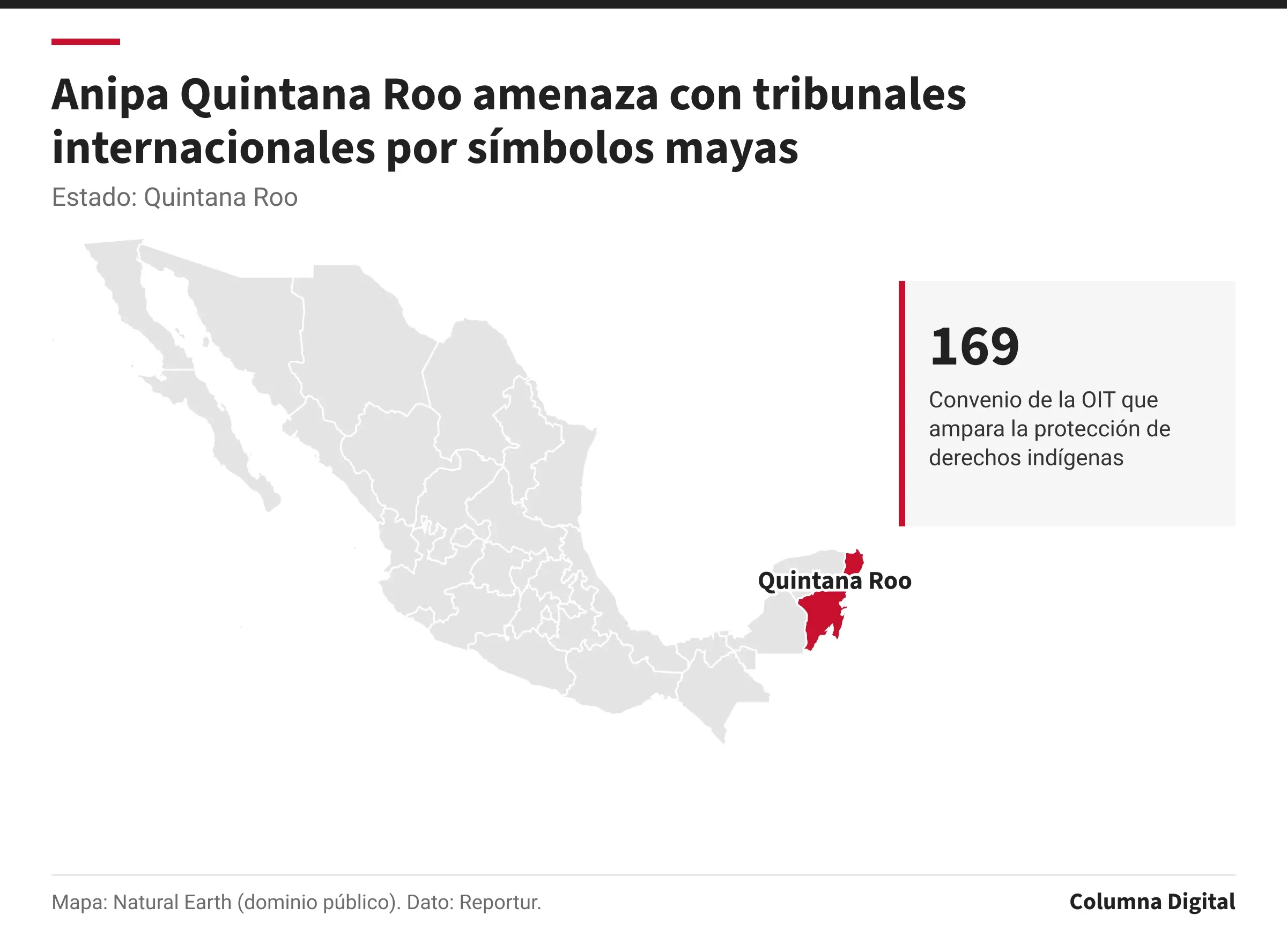 Mapa de México con Quintana Roo resaltado; 169: Convenio de la OIT que ampara la protección de derechos indígenas.