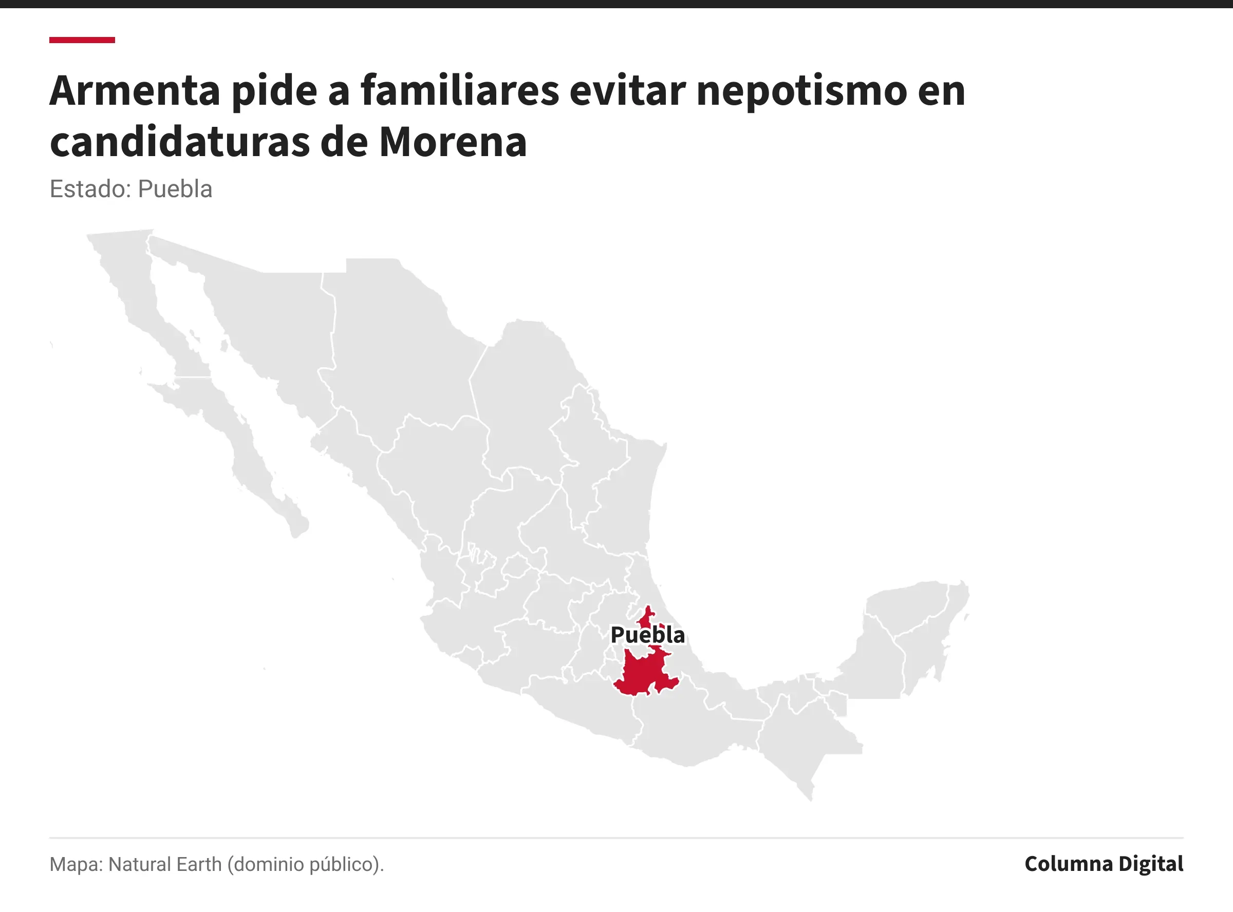 Mapa de México con Puebla resaltado.