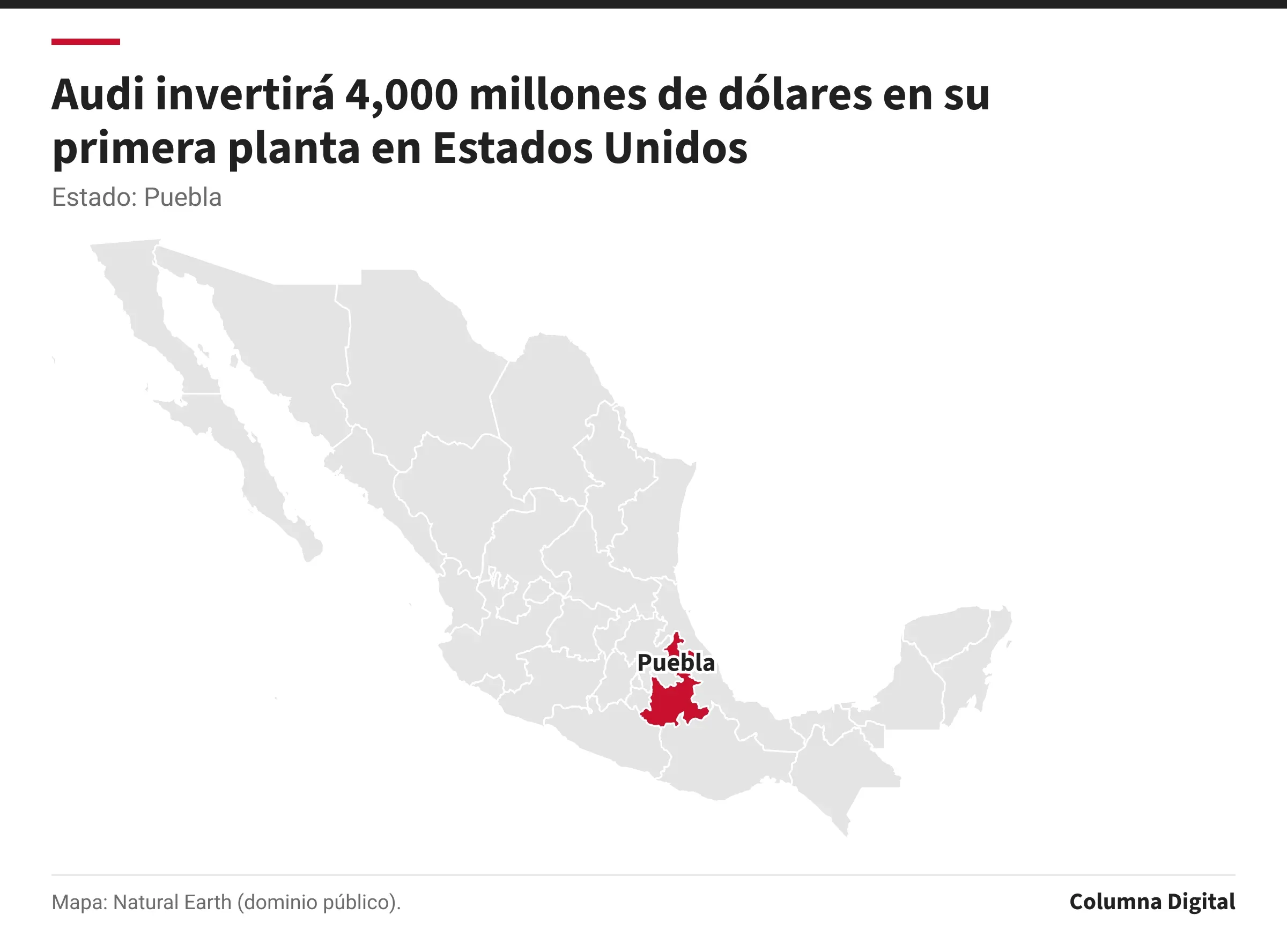 Mapa de México con Puebla resaltado.