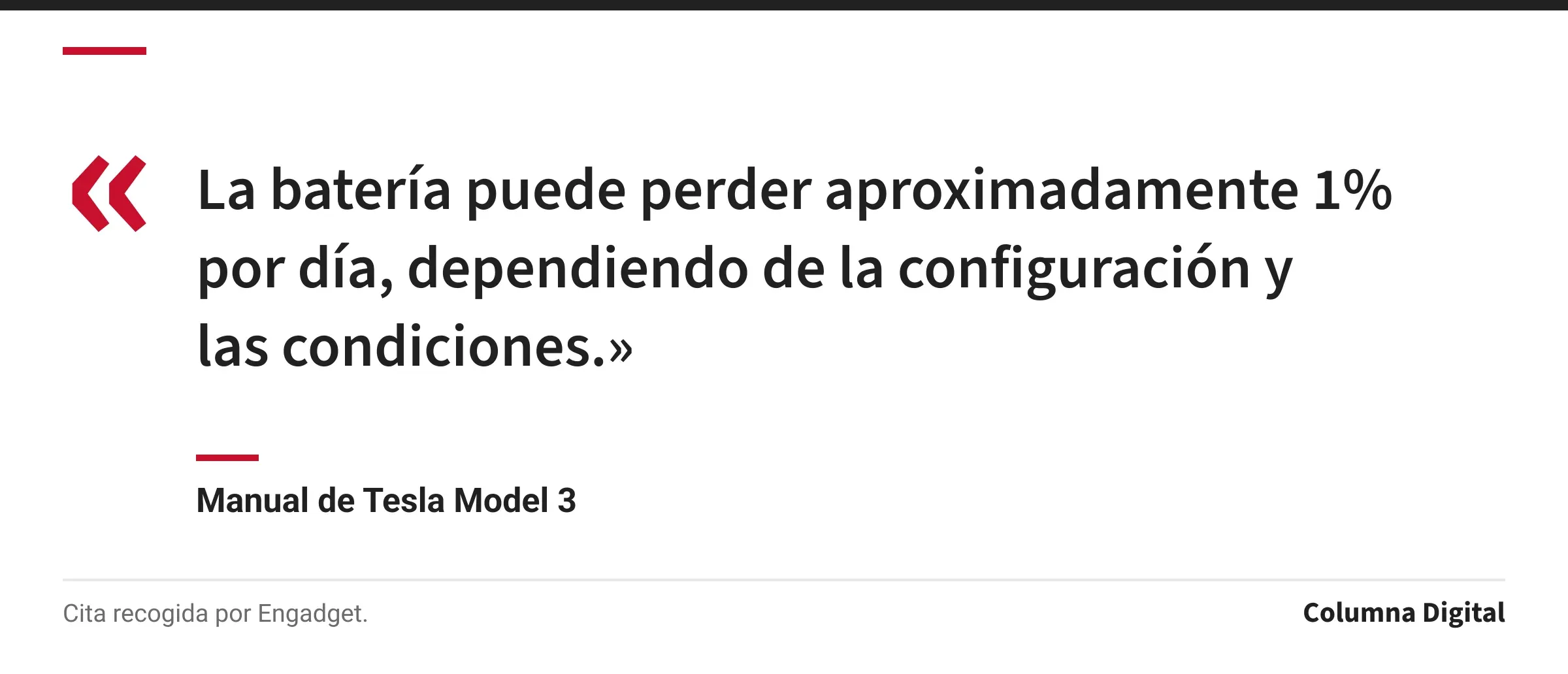 Cita de Manual de Tesla Model 3: «La batería puede perder aproximadamente 1% por día, dependiendo de la configuración y las condiciones.»