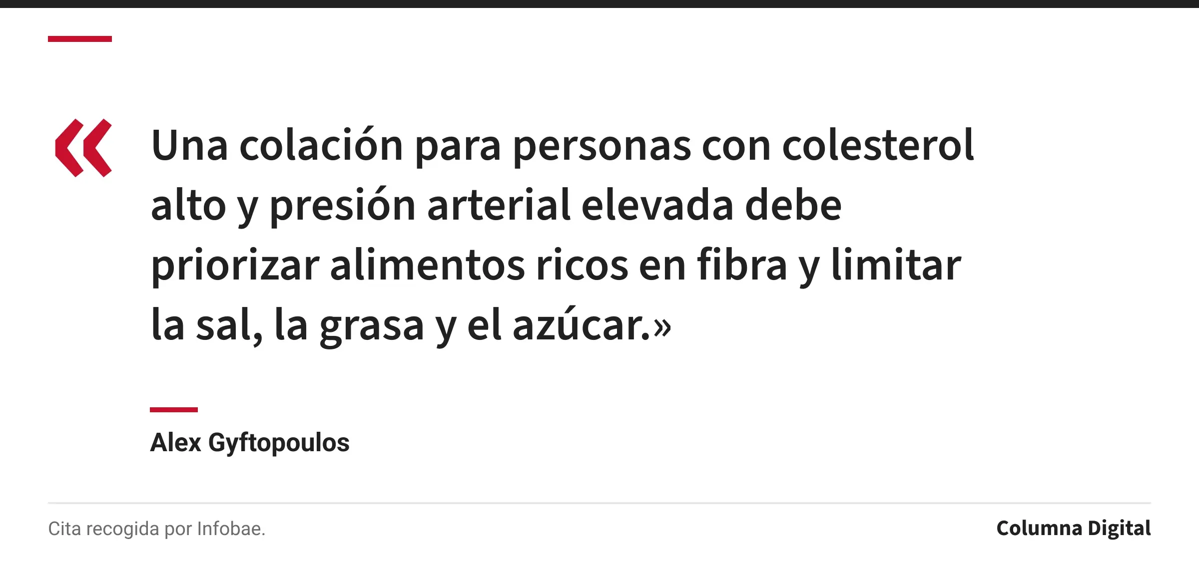Cita de Alex Gyftopoulos: «Una colación para personas con colesterol alto y presión arterial elevada debe priorizar alimentos ricos en fibra y limitar la sal, la grasa y el azúcar.»
