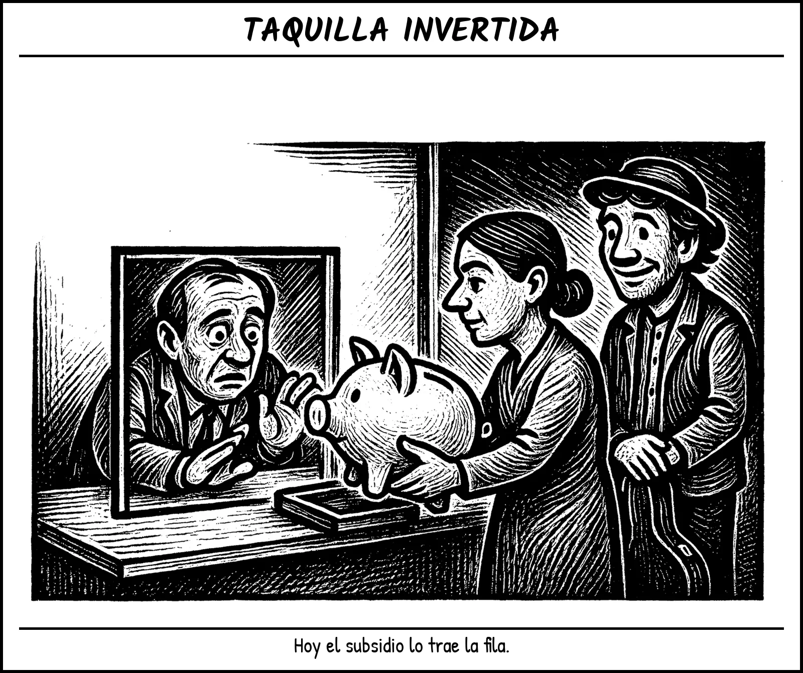 Una ciudadana entrega una alcancía a un funcionario detrás de una ventanilla; detrás espera un músico con su estuche, invirtiendo quién subsidia a quién.