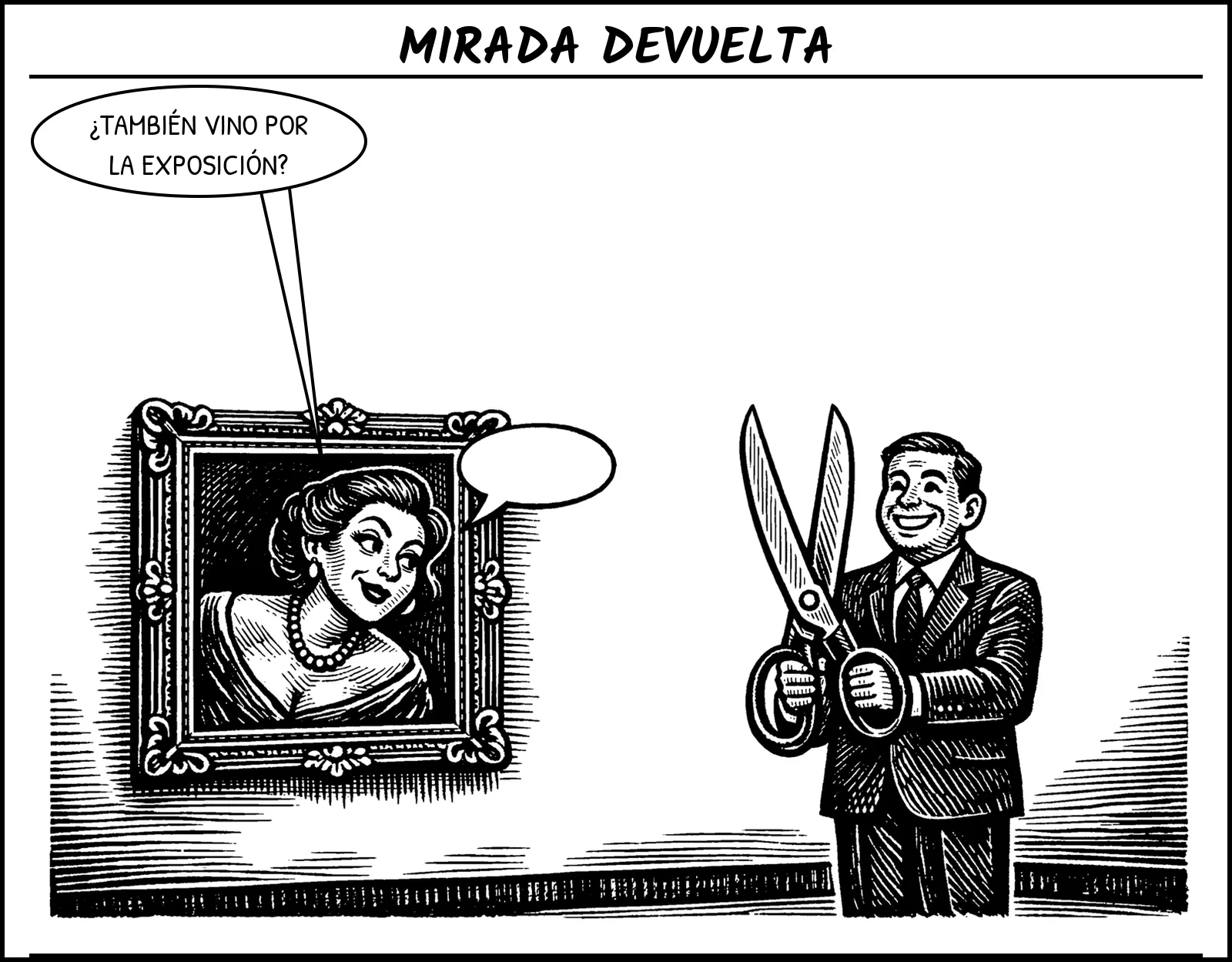 Un retrato de mujer elegante sale del marco y observa a un funcionario sonriente que posa con tijeras enormes, como si él fuera la pieza expuesta.