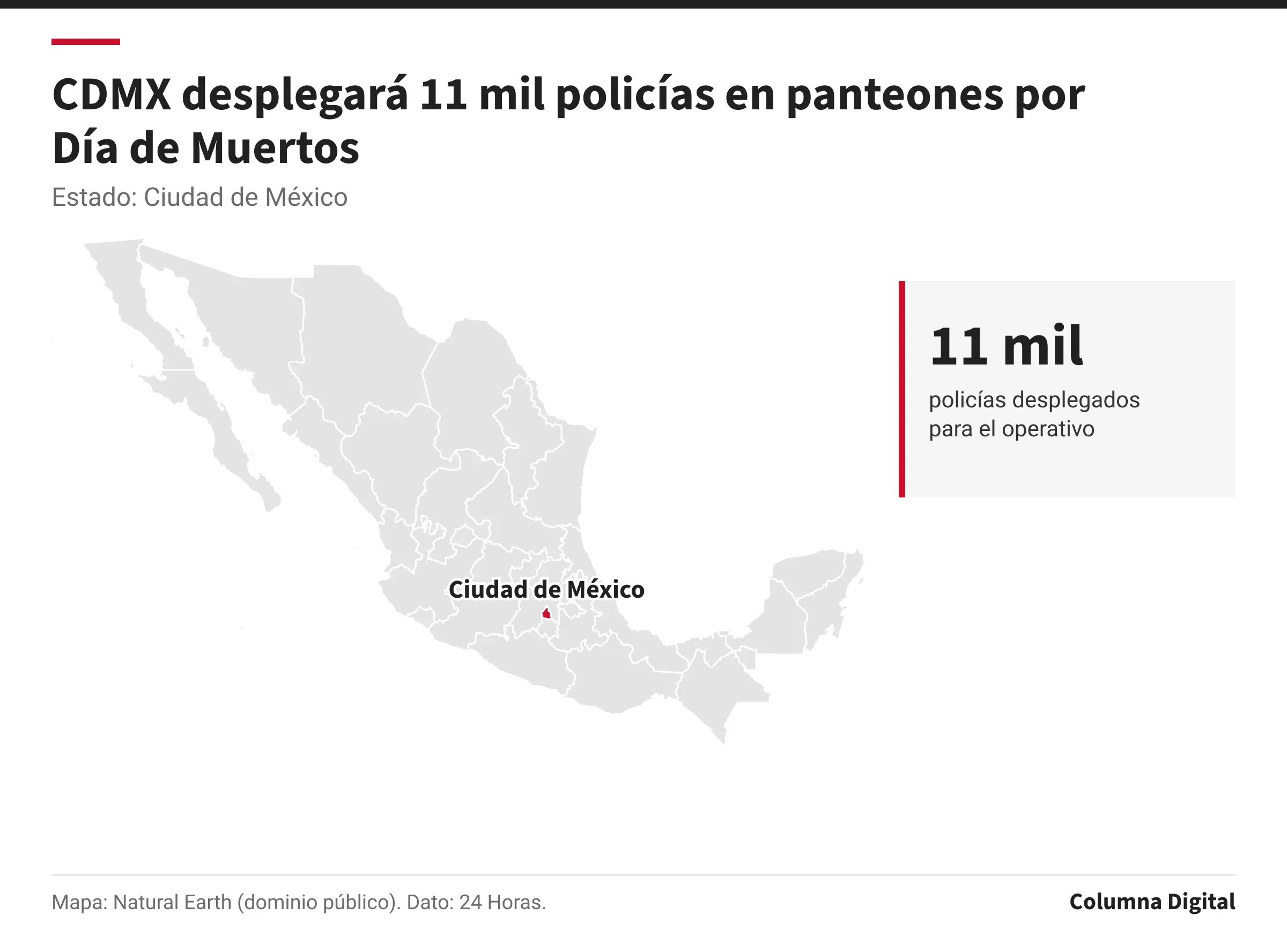 Mapa de México con Ciudad de México resaltado; 11 mil: policías desplegados para el operativo.