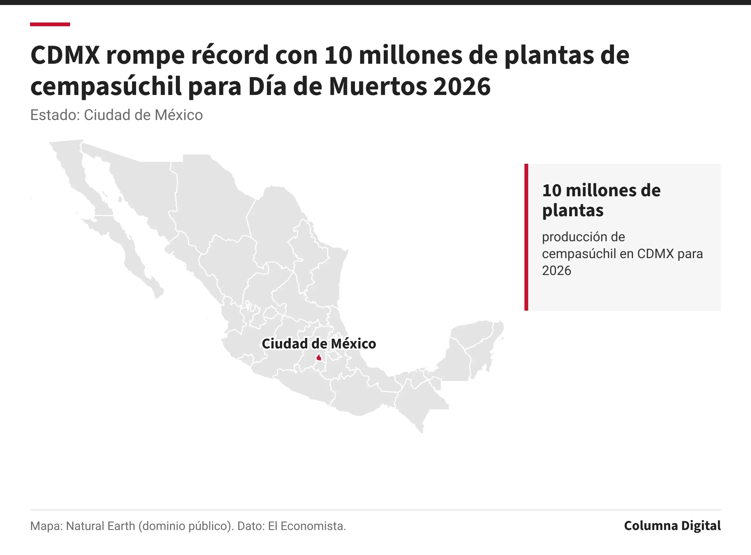 Mapa de México con Ciudad de México resaltado; 10 millones de plantas: producción de cempasúchil en CDMX para 2026.