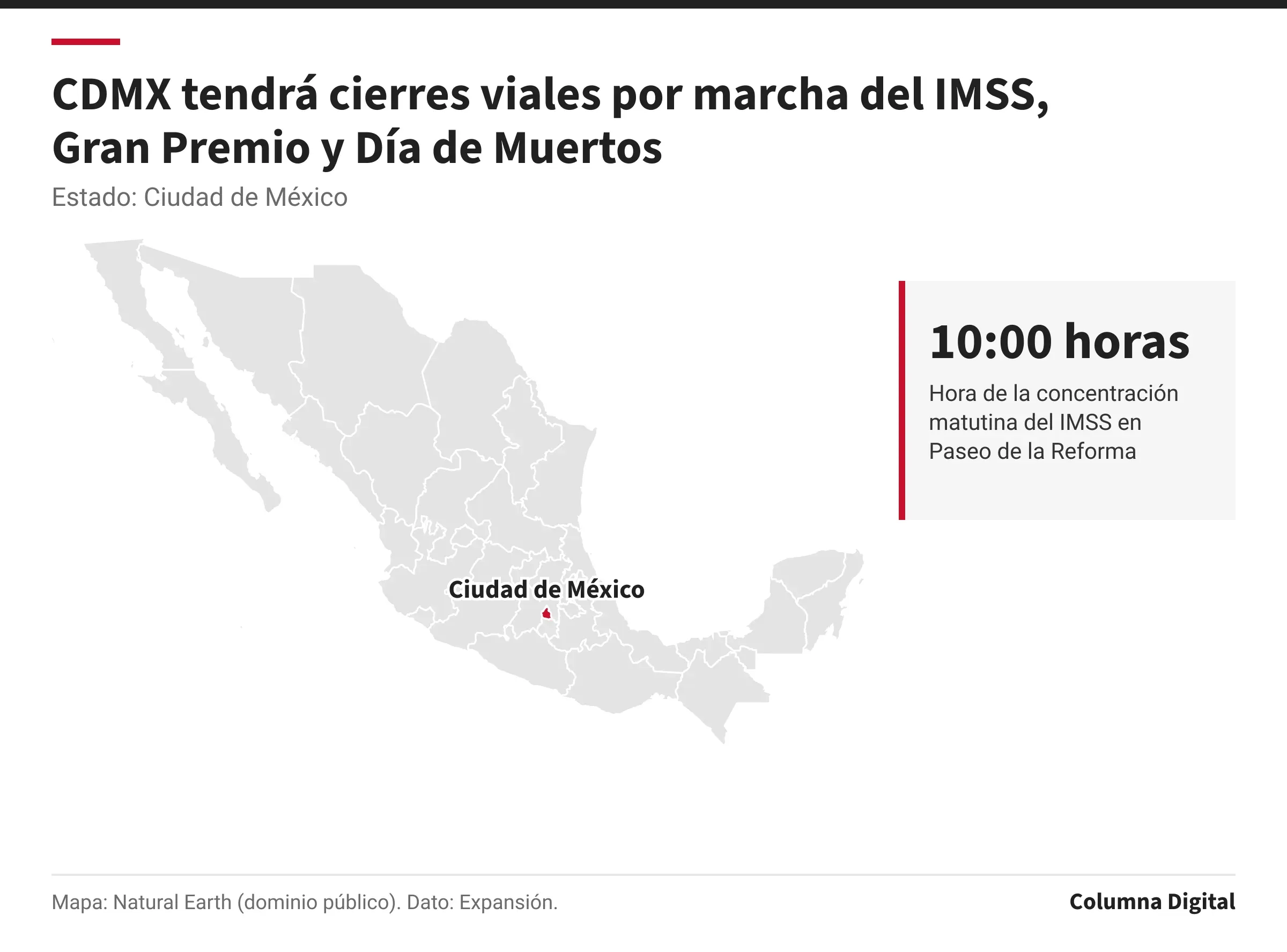 Mapa de México con Ciudad de México resaltado; 10:00 horas: Hora de la concentración matutina del IMSS en Paseo de la Reforma.