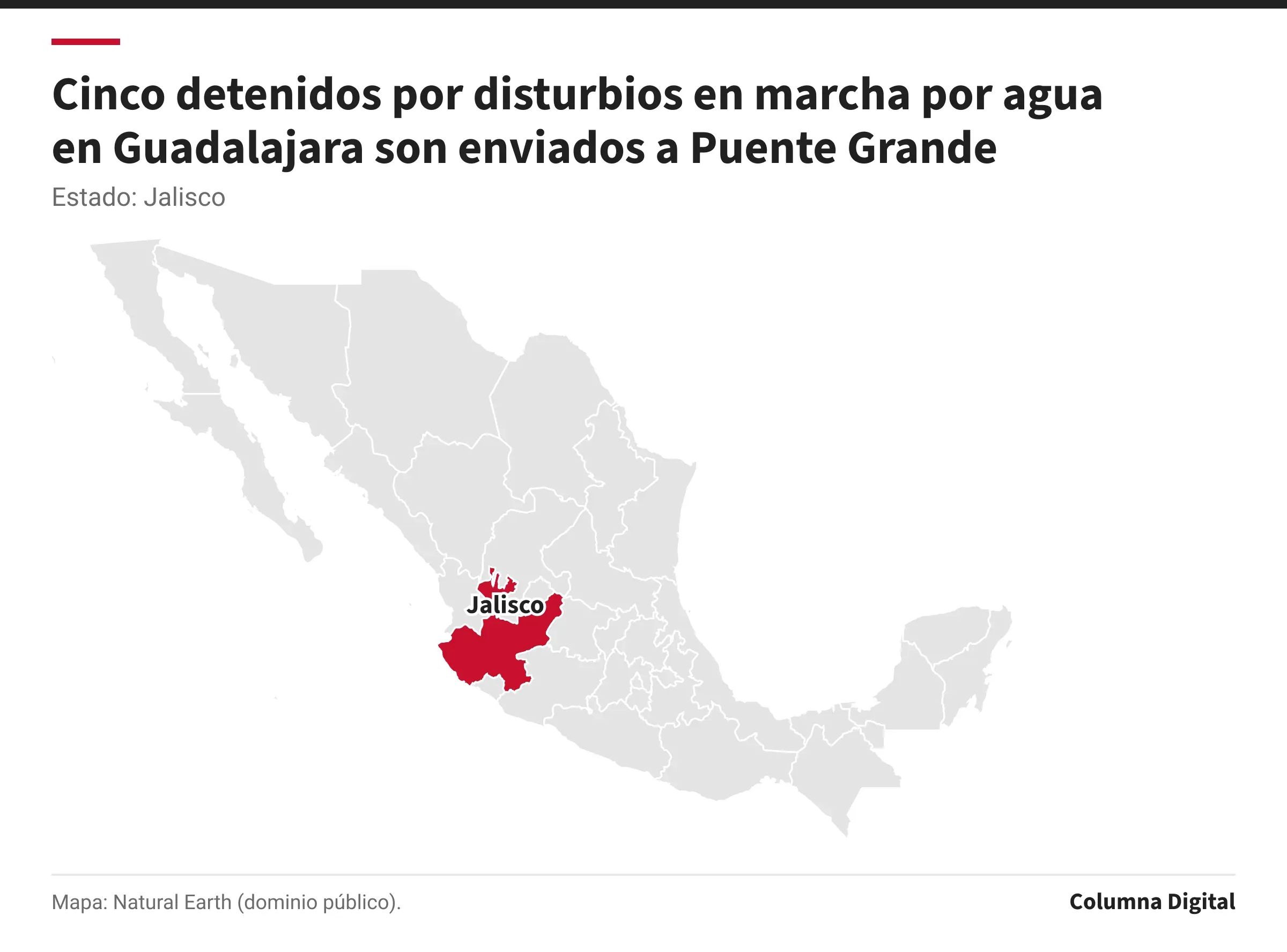 Mapa de México con Jalisco resaltado.