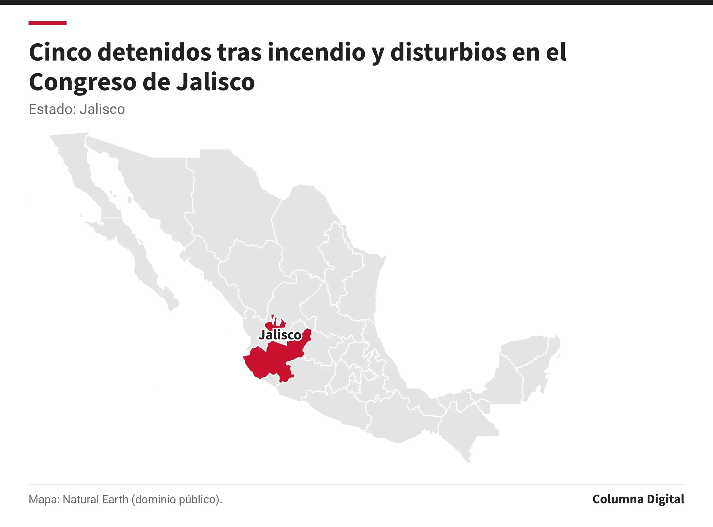 Mapa de México con Jalisco resaltado.
