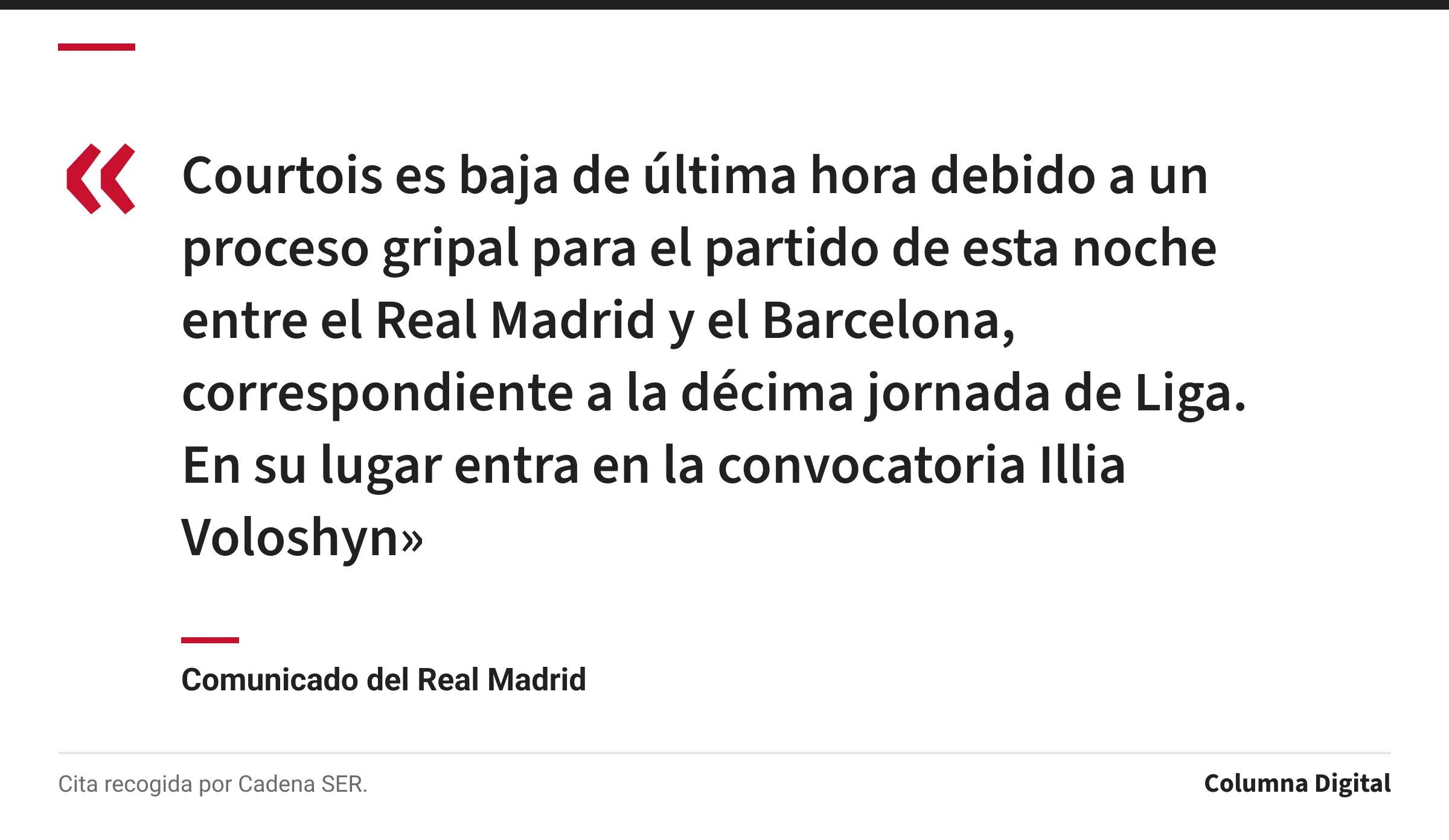 Cita de Comunicado del Real Madrid: «Courtois es baja de última hora debido a un proceso gripal para el partido de esta noche entre el Real Madrid y el Barcelona, correspondiente a la décima jornada de Liga. En su lugar entra en la convocatoria Illia Voloshyn»