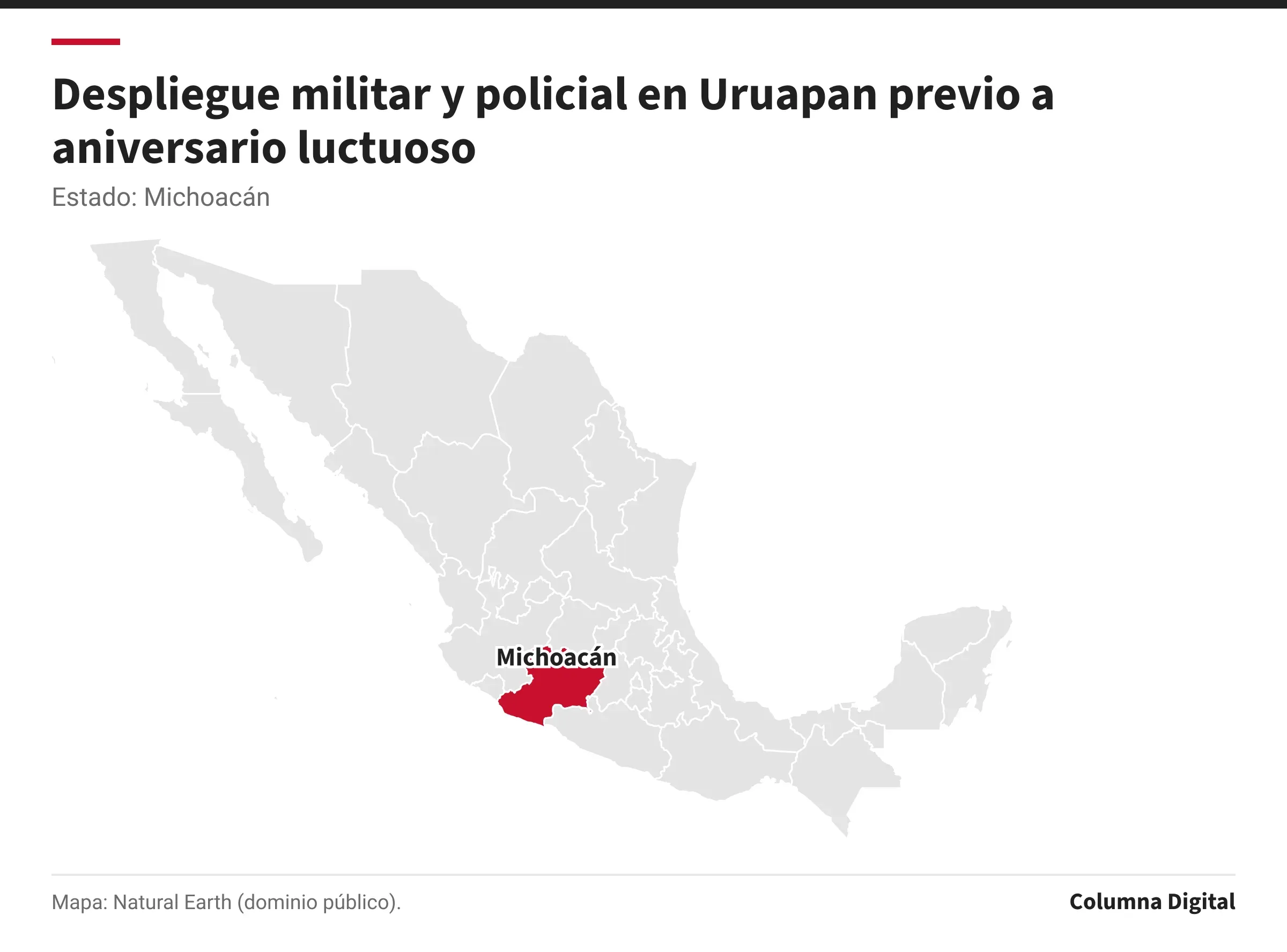 Mapa de México con Michoacán resaltado.