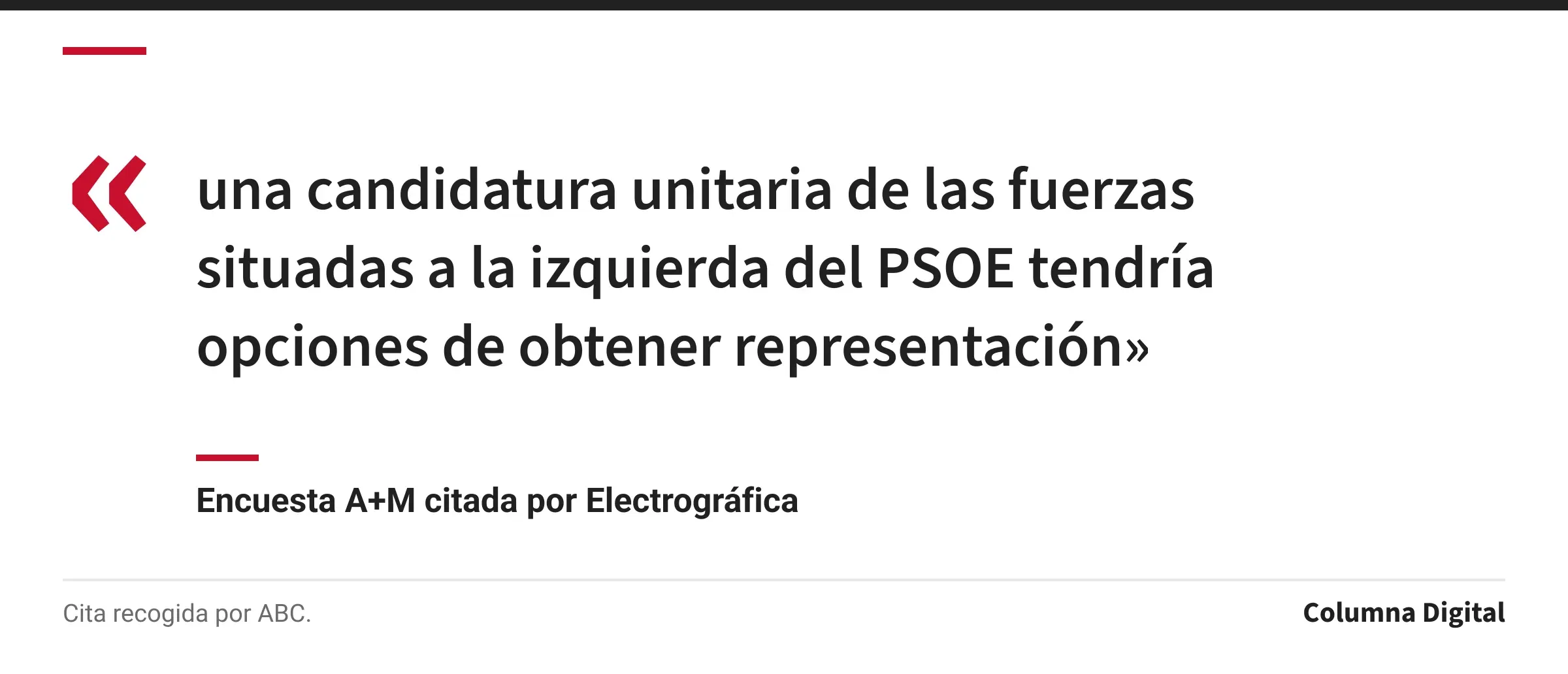 Cita de Encuesta A+M citada por Electrográfica: «una candidatura unitaria de las fuerzas situadas a la izquierda del PSOE tendría opciones de obtener representación»