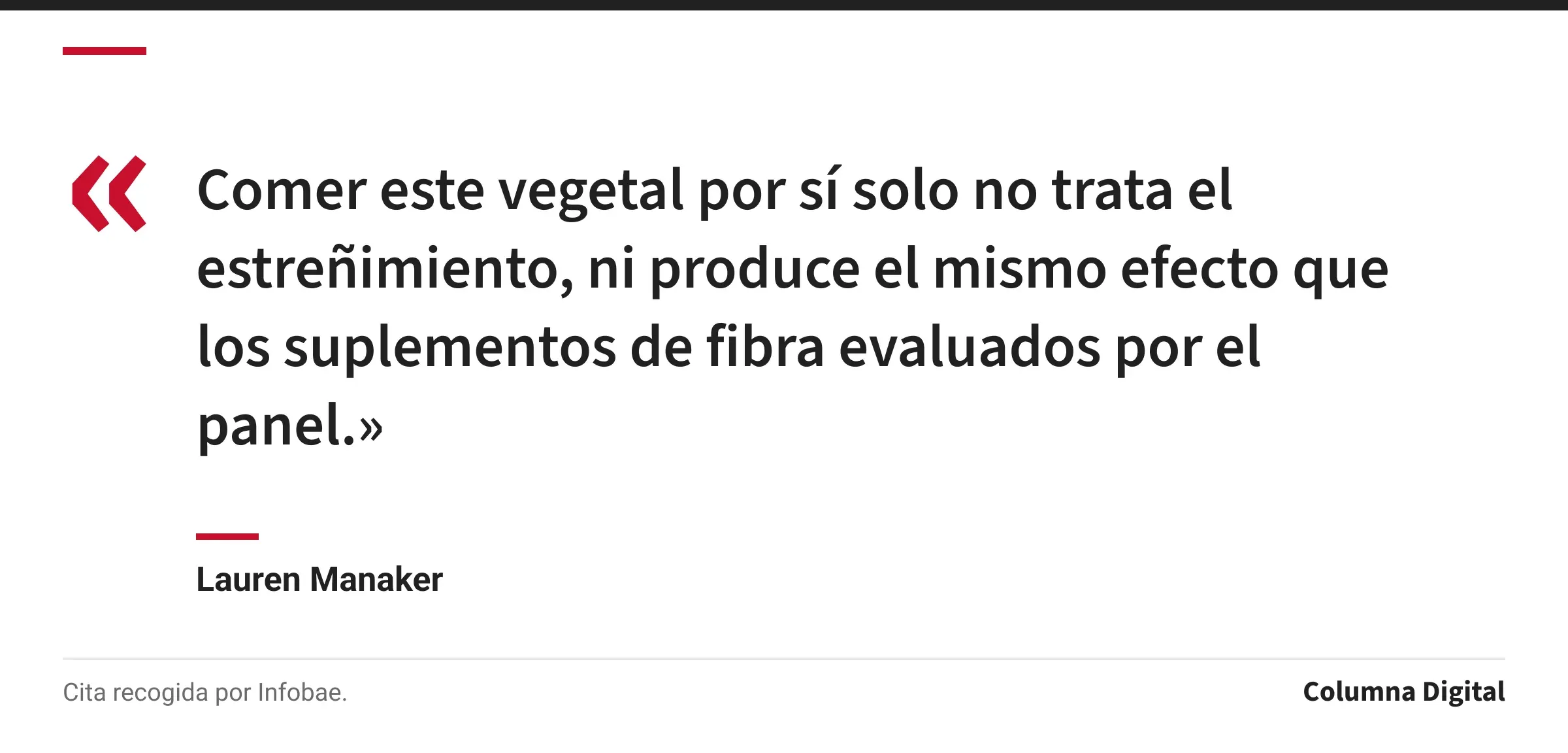 Cita de Lauren Manaker: «Comer este vegetal por sí solo no trata el estreñimiento, ni produce el mismo efecto que los suplementos de fibra evaluados por el panel.»