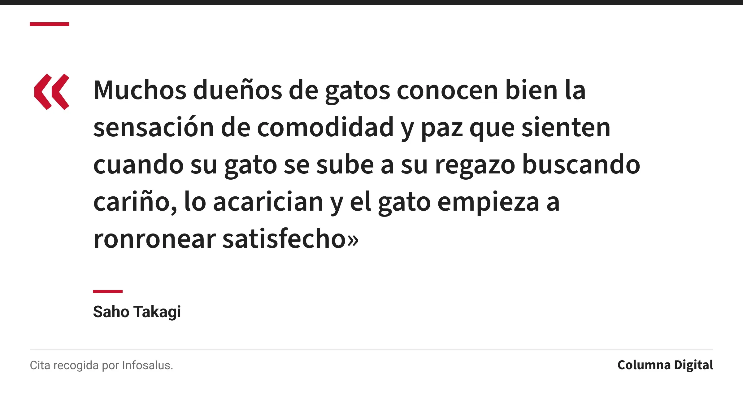Cita de Saho Takagi: «Muchos dueños de gatos conocen bien la sensación de comodidad y paz que sienten cuando su gato se sube a su regazo buscando cariño, lo acarician y el gato empieza a ronronear satisfecho»