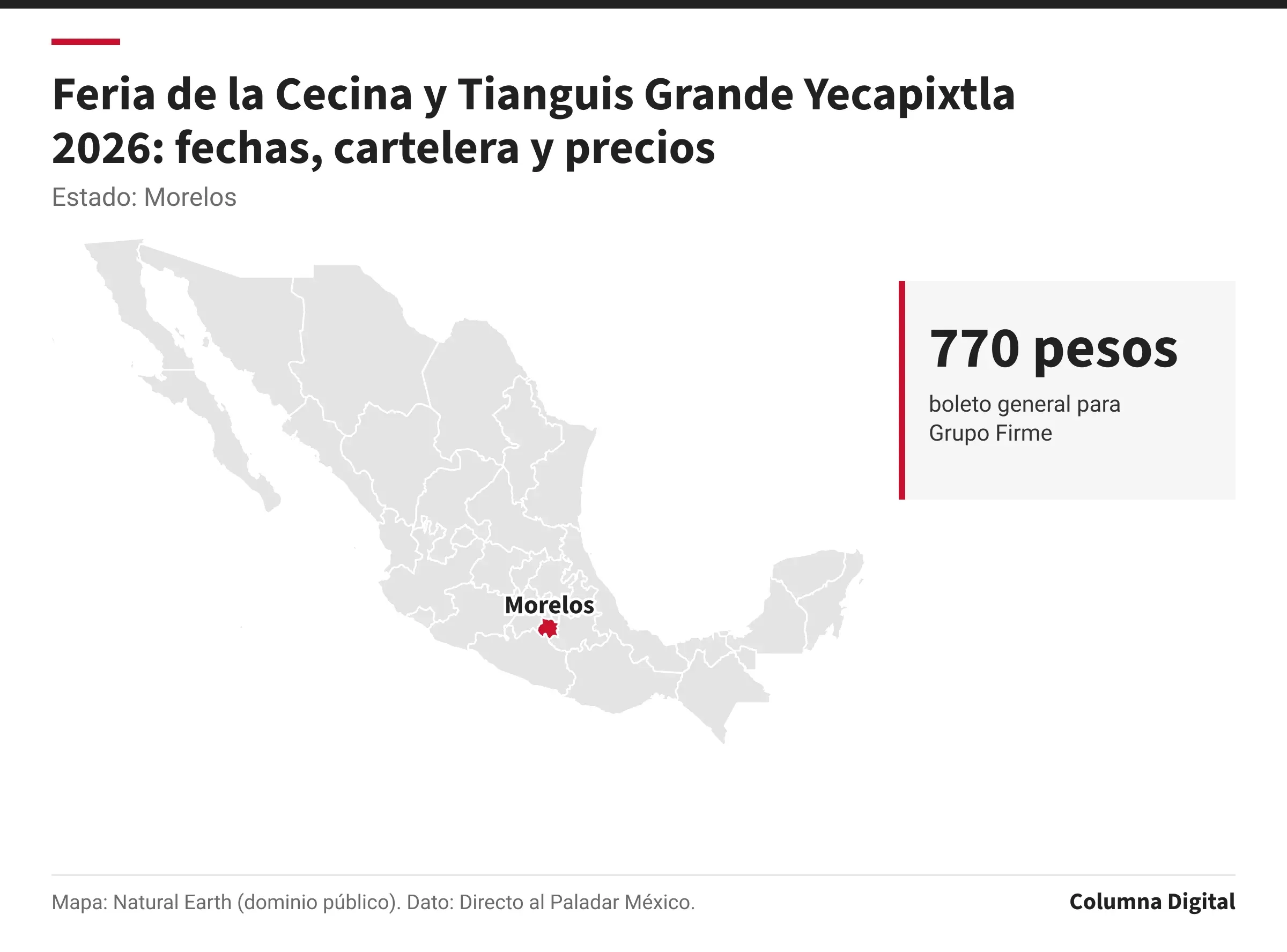 Mapa de México con Morelos resaltado; 770 pesos: boleto general para Grupo Firme.