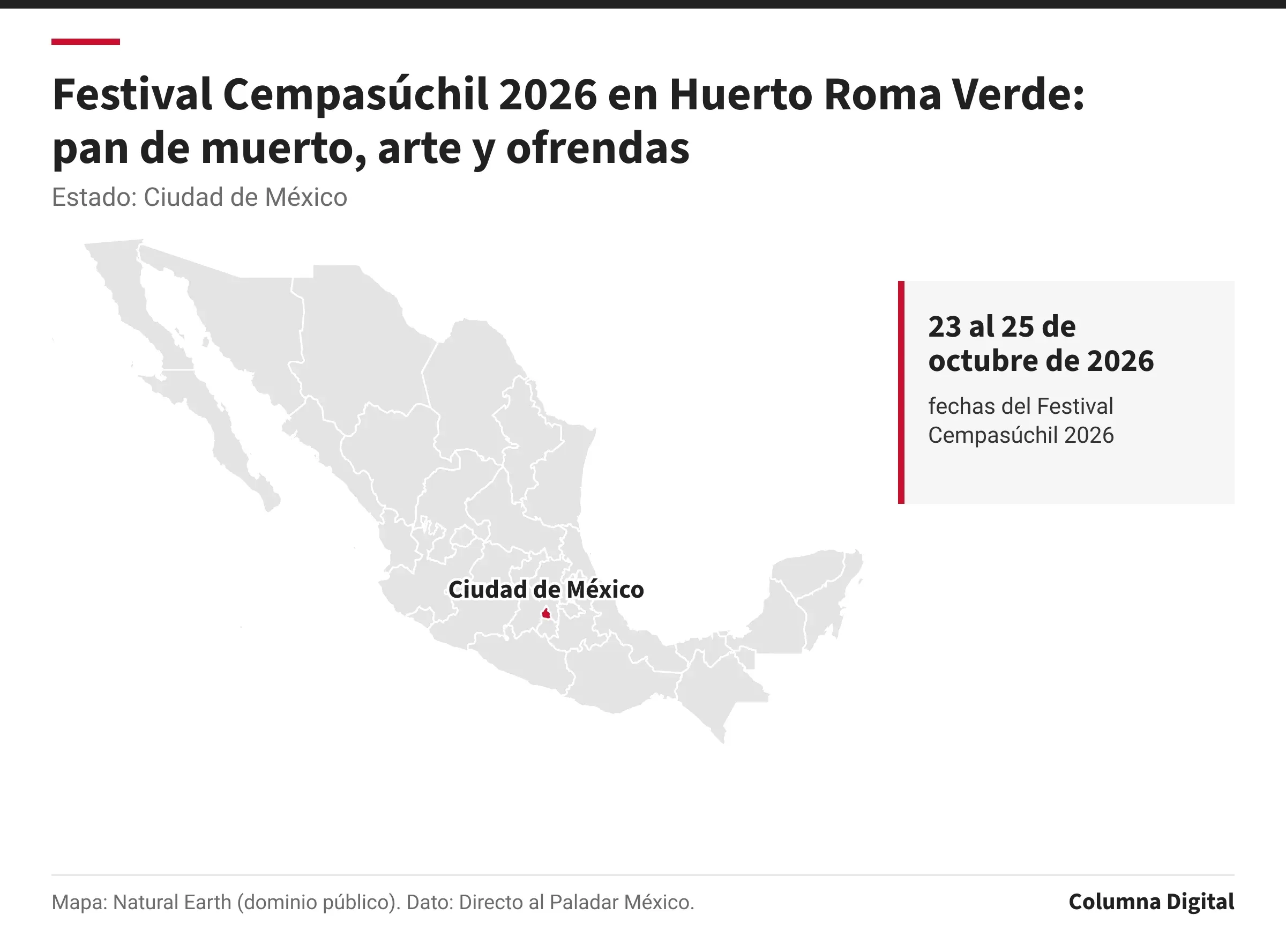 Mapa de México con Ciudad de México resaltado; 23 al 25 de octubre de 2026: fechas del Festival Cempasúchil 2026.