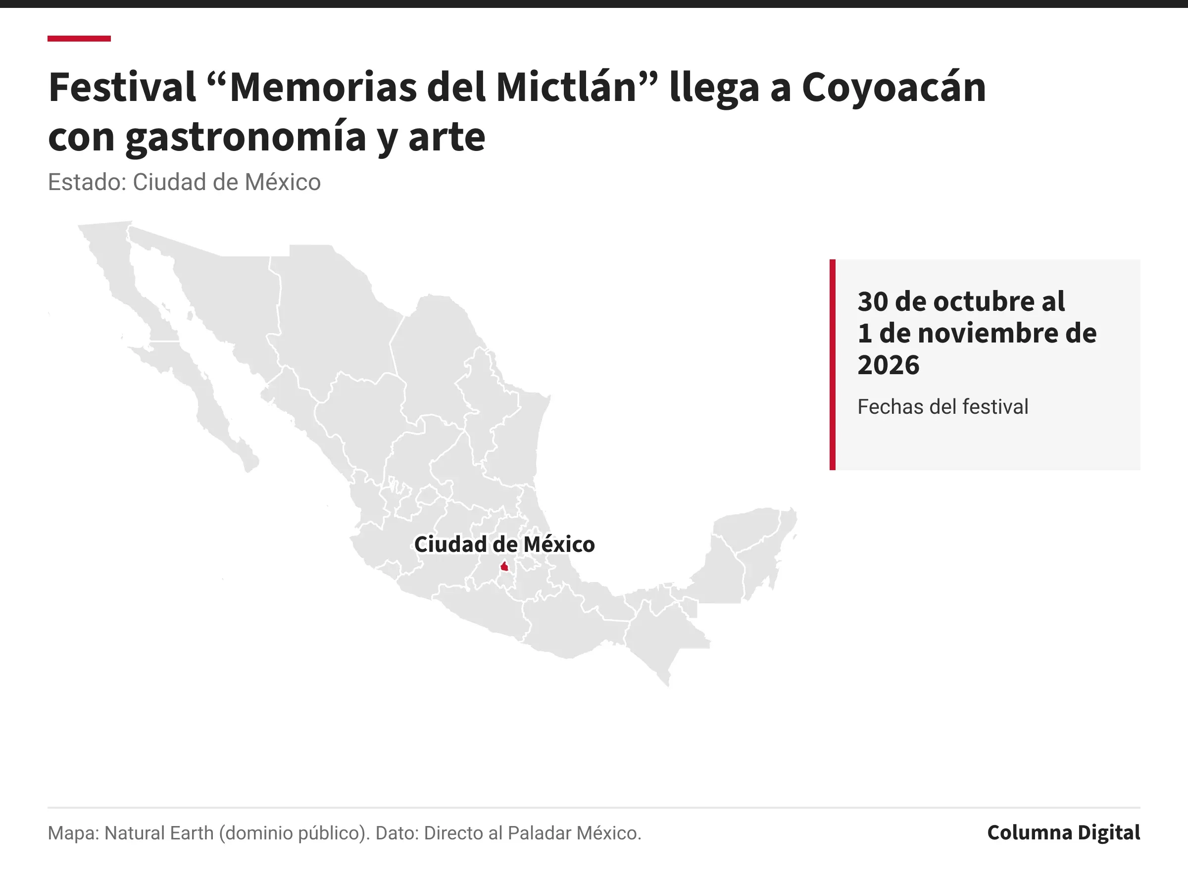 Mapa de México con Ciudad de México resaltado; 30 de octubre al 1 de noviembre de 2026: Fechas del festival.