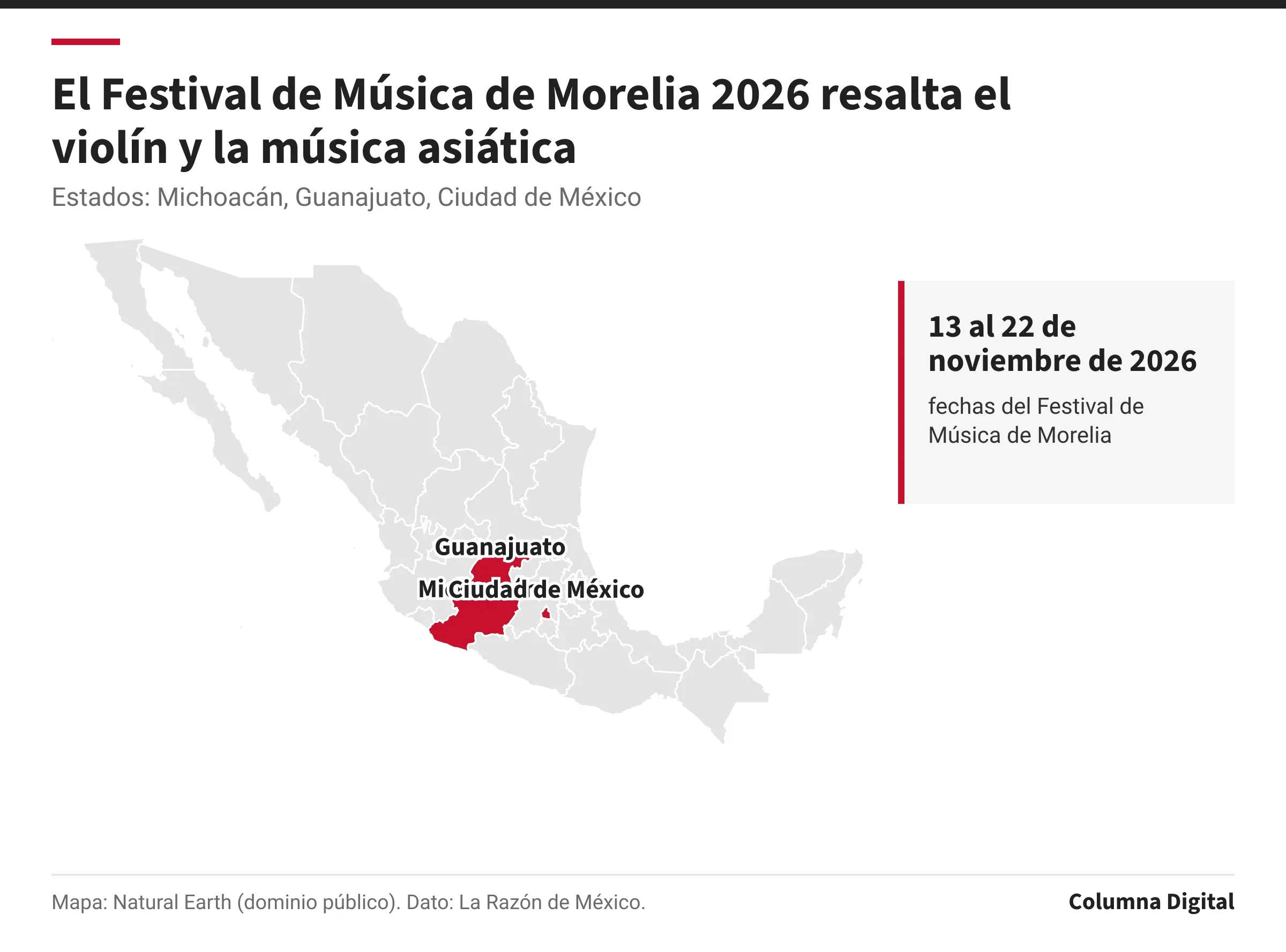 Mapa de México con Michoacán, Guanajuato, Ciudad de México resaltados; 13 al 22 de noviembre de 2026: fechas del Festival de Música de Morelia.