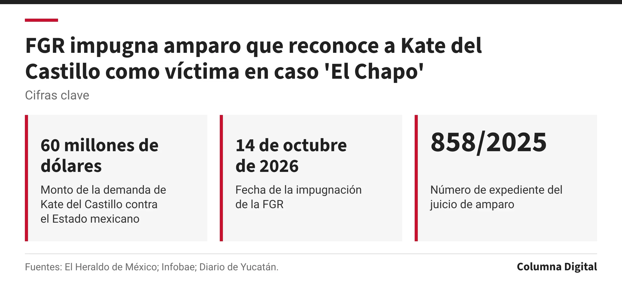 Cifras clave: 60 millones de dólares, Monto de la demanda de Kate del Castillo contra el Estado mexicano; 14 de octubre de 2026, Fecha de la impugnación de la FGR; 858/2025, Número de expediente del juicio de amparo.