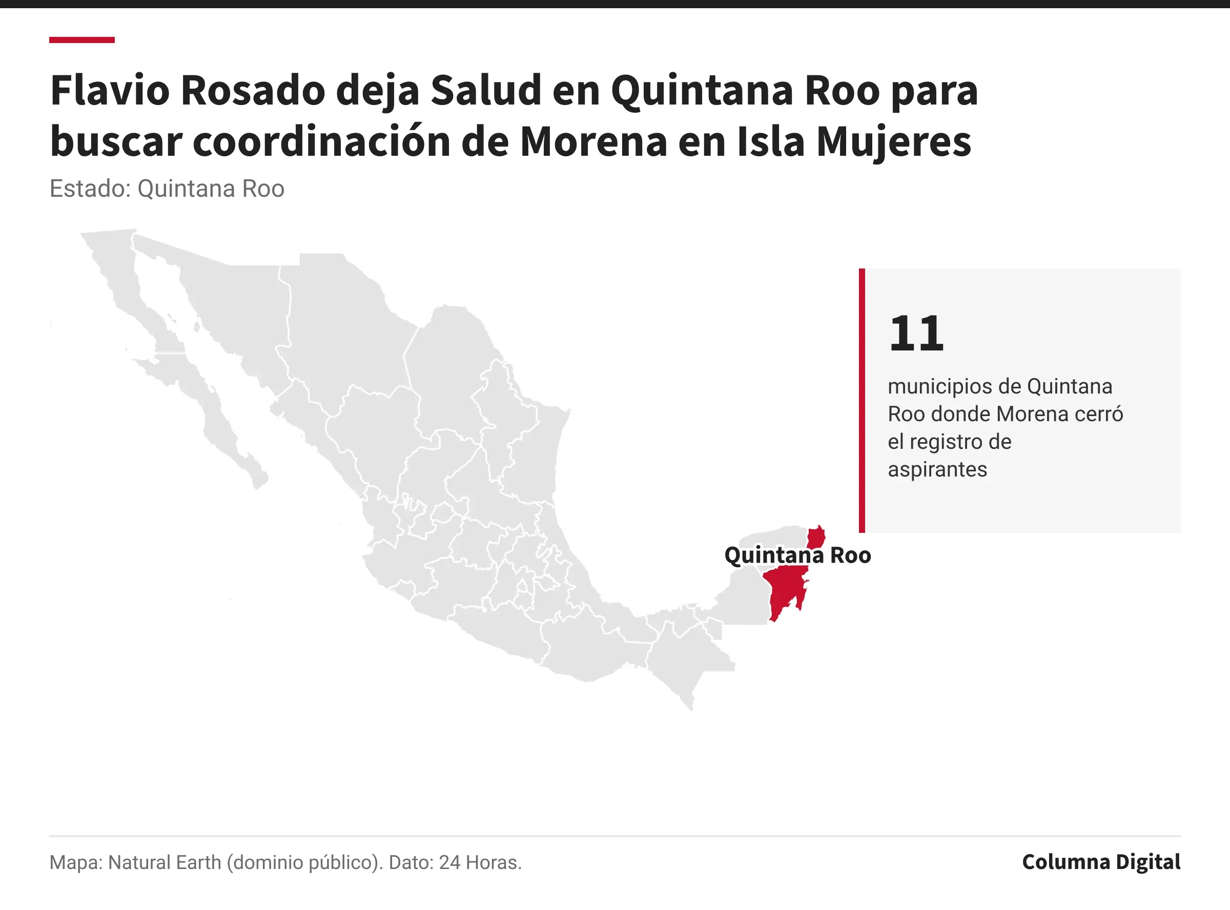 Mapa de México con Quintana Roo resaltado; 11: municipios de Quintana Roo donde Morena cerró el registro de aspirantes.