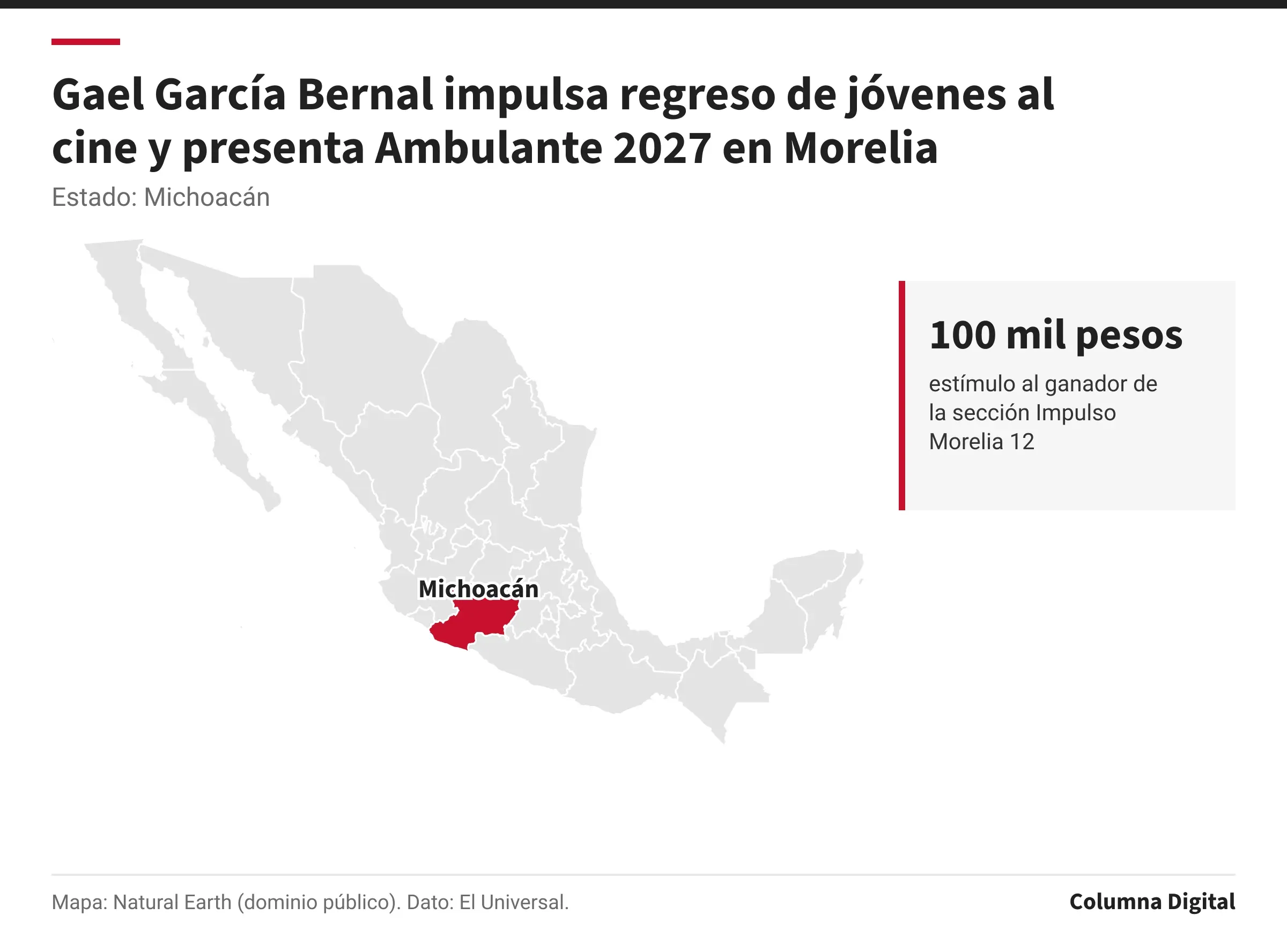 Mapa de México con Michoacán resaltado; 100 mil pesos: estímulo al ganador de la sección Impulso Morelia 12.