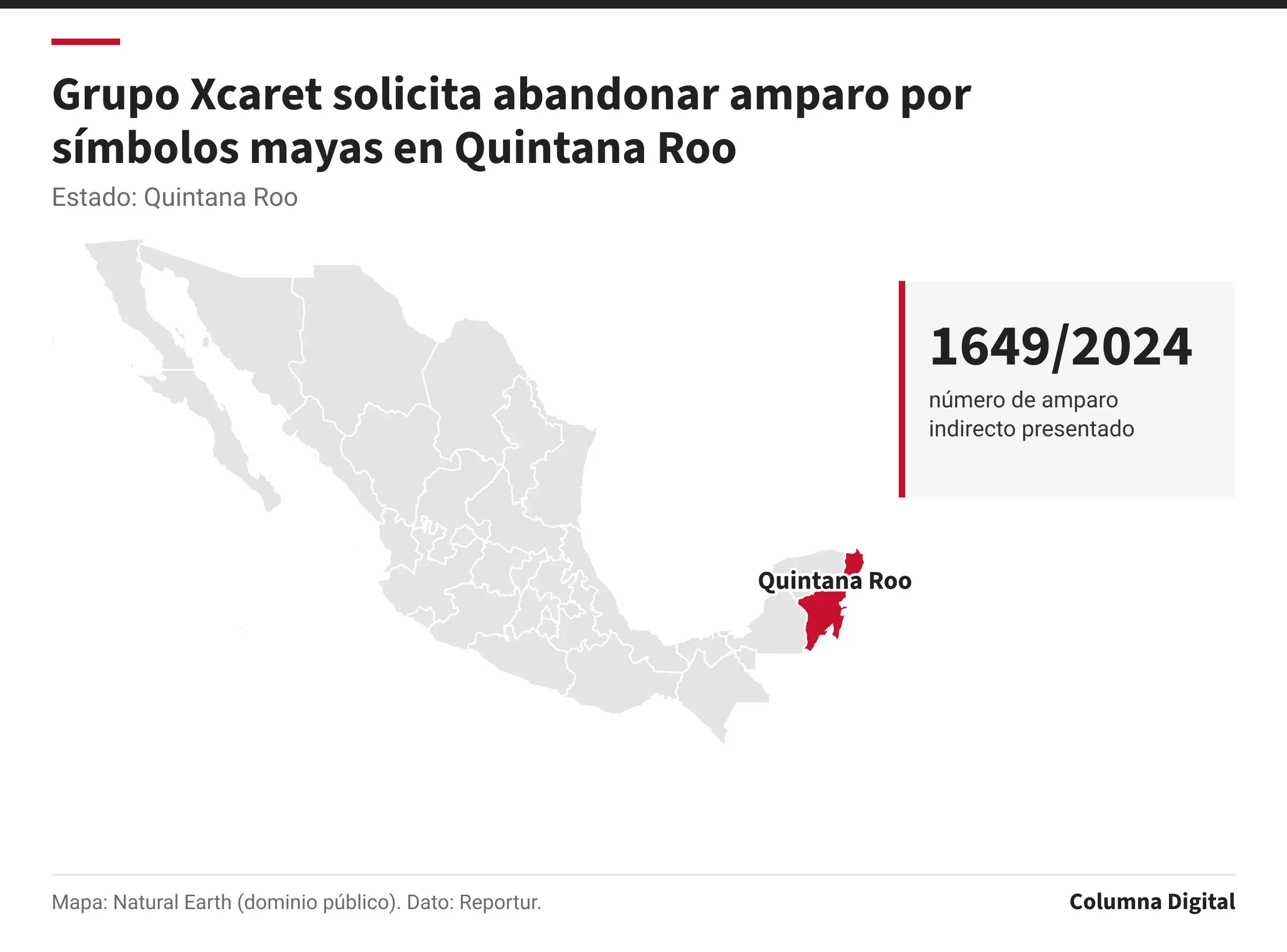 Mapa de México con Quintana Roo resaltado; 1649/2024: número de amparo indirecto presentado.