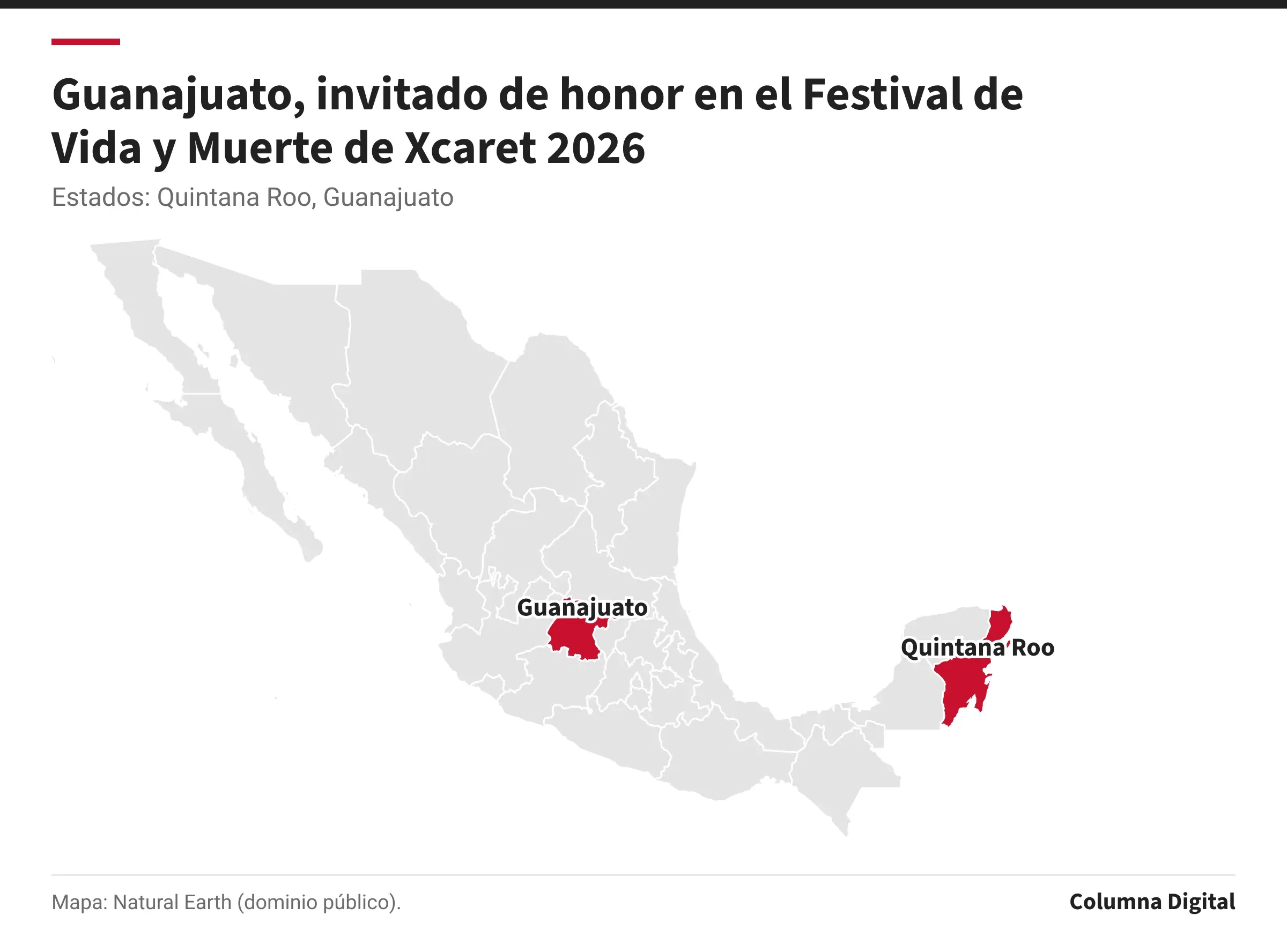 Mapa de México con Quintana Roo, Guanajuato resaltados.
