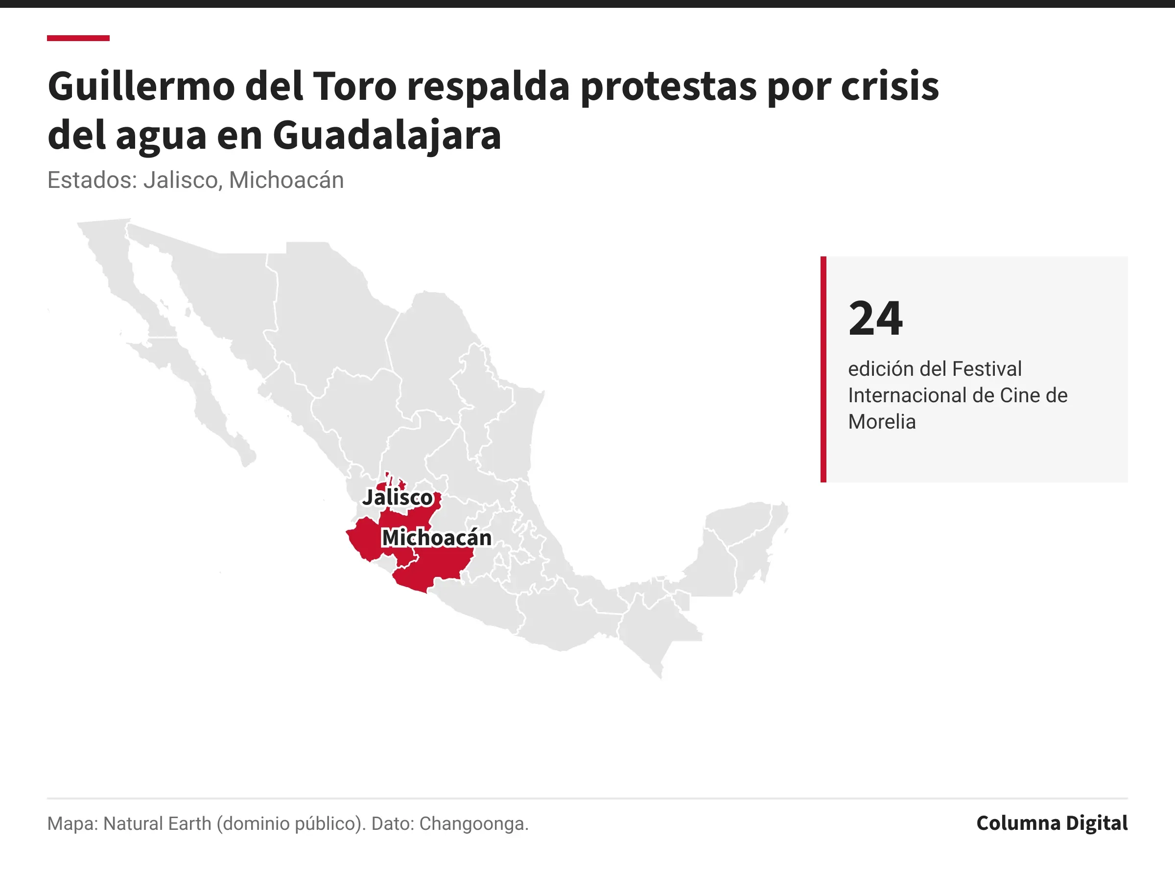 Mapa de México con Jalisco, Michoacán resaltados; 24: edición del Festival Internacional de Cine de Morelia.