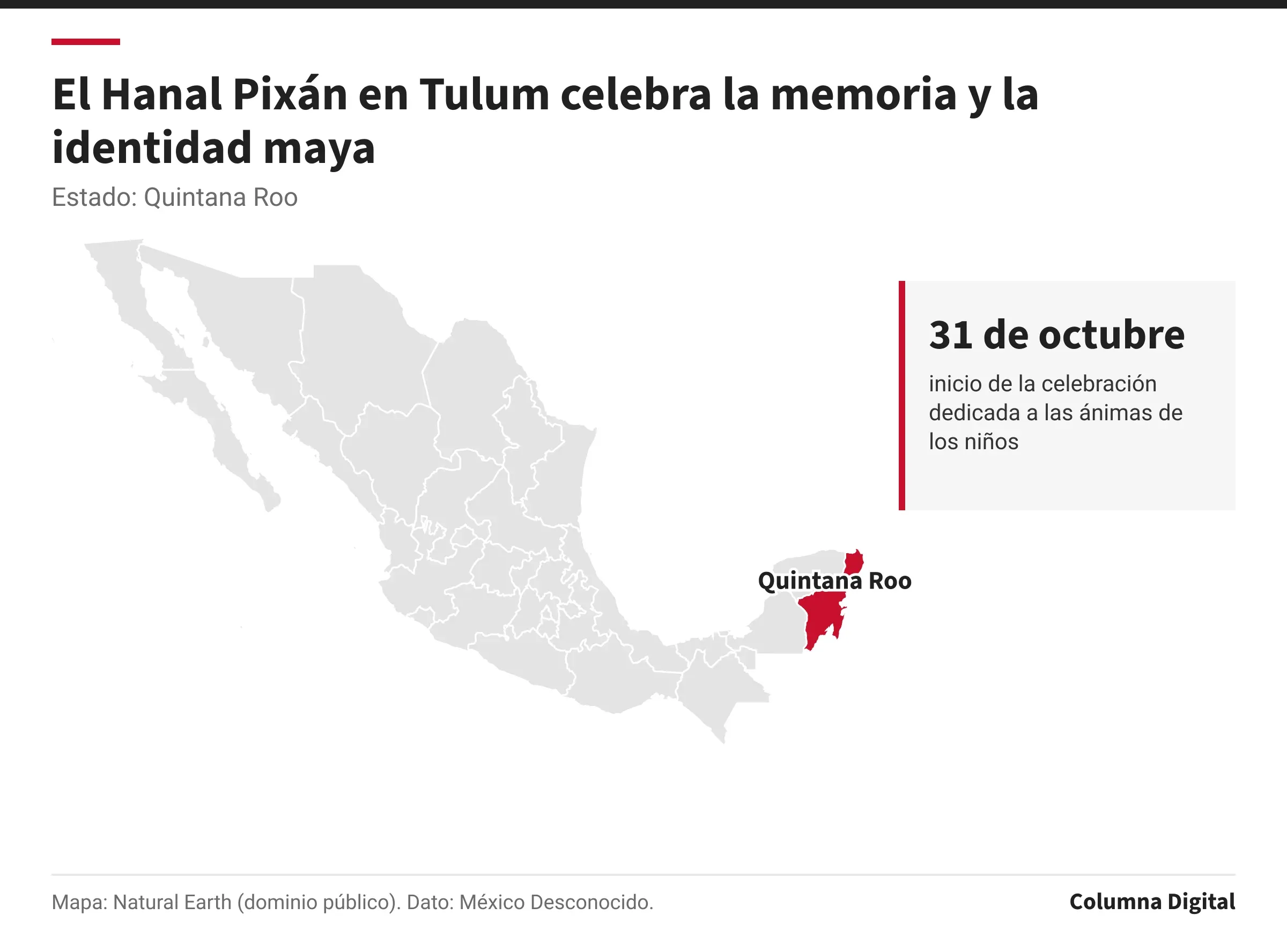 Mapa de México con Quintana Roo resaltado; 31 de octubre: inicio de la celebración dedicada a las ánimas de los niños.