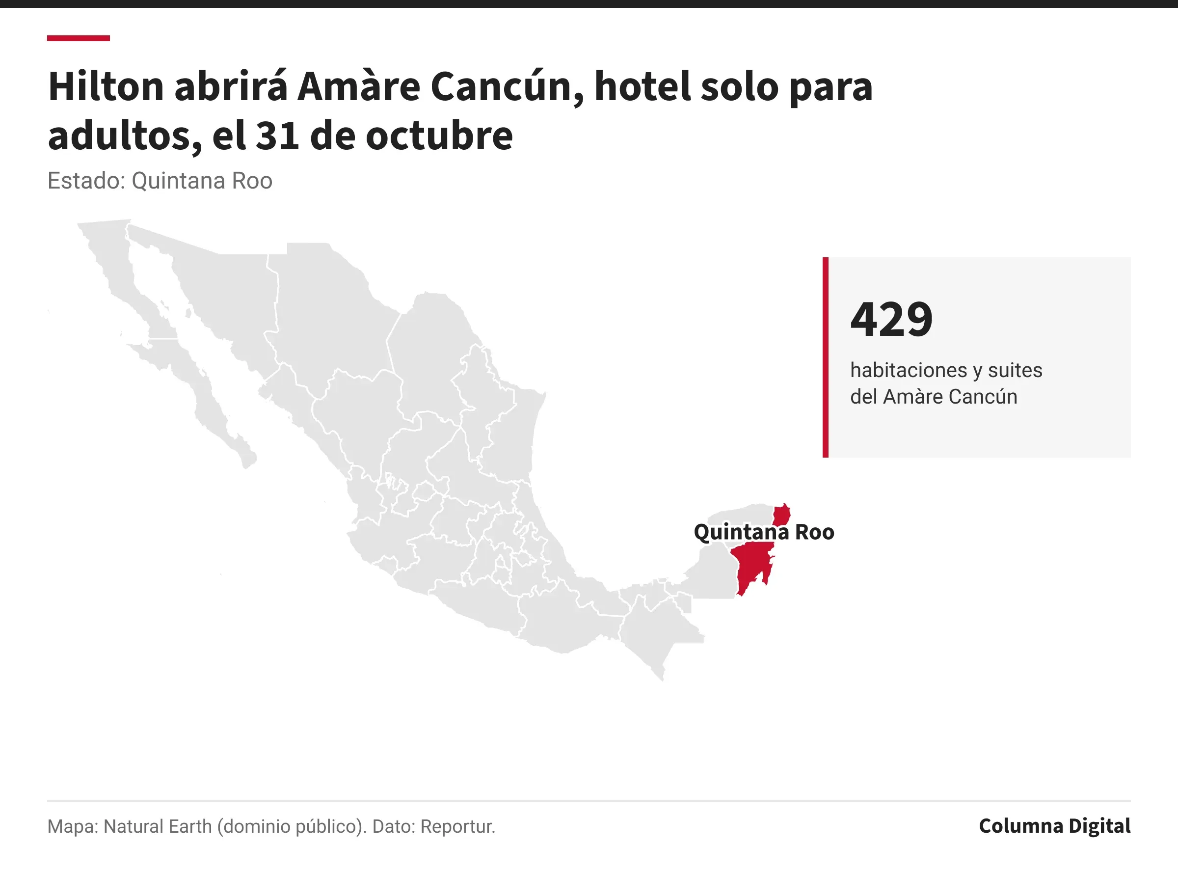 Mapa de México con Quintana Roo resaltado; 429: habitaciones y suites del Amàre Cancún.