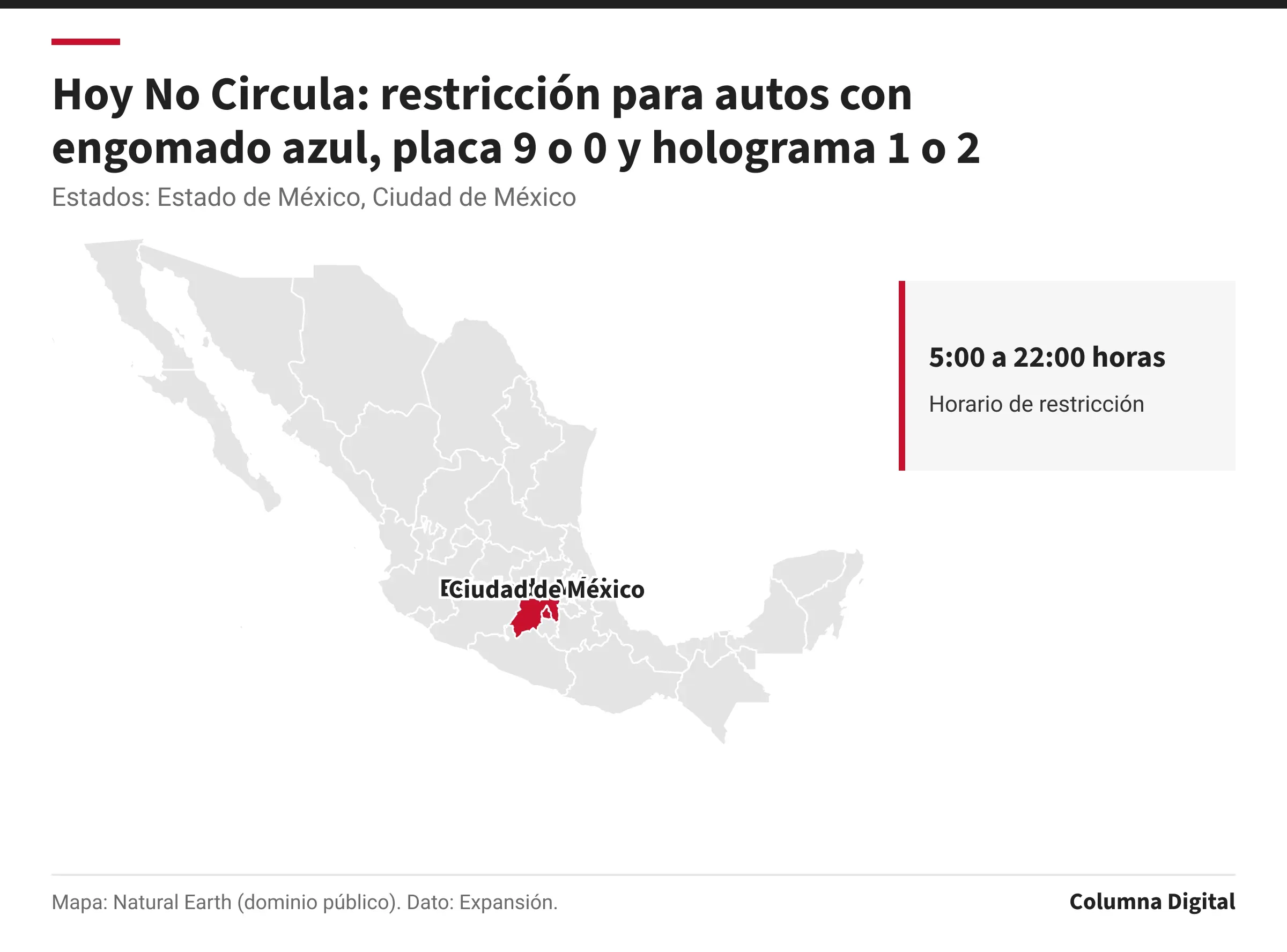 Mapa de México con Estado de México, Ciudad de México resaltados; 5:00 a 22:00 horas: Horario de restricción.