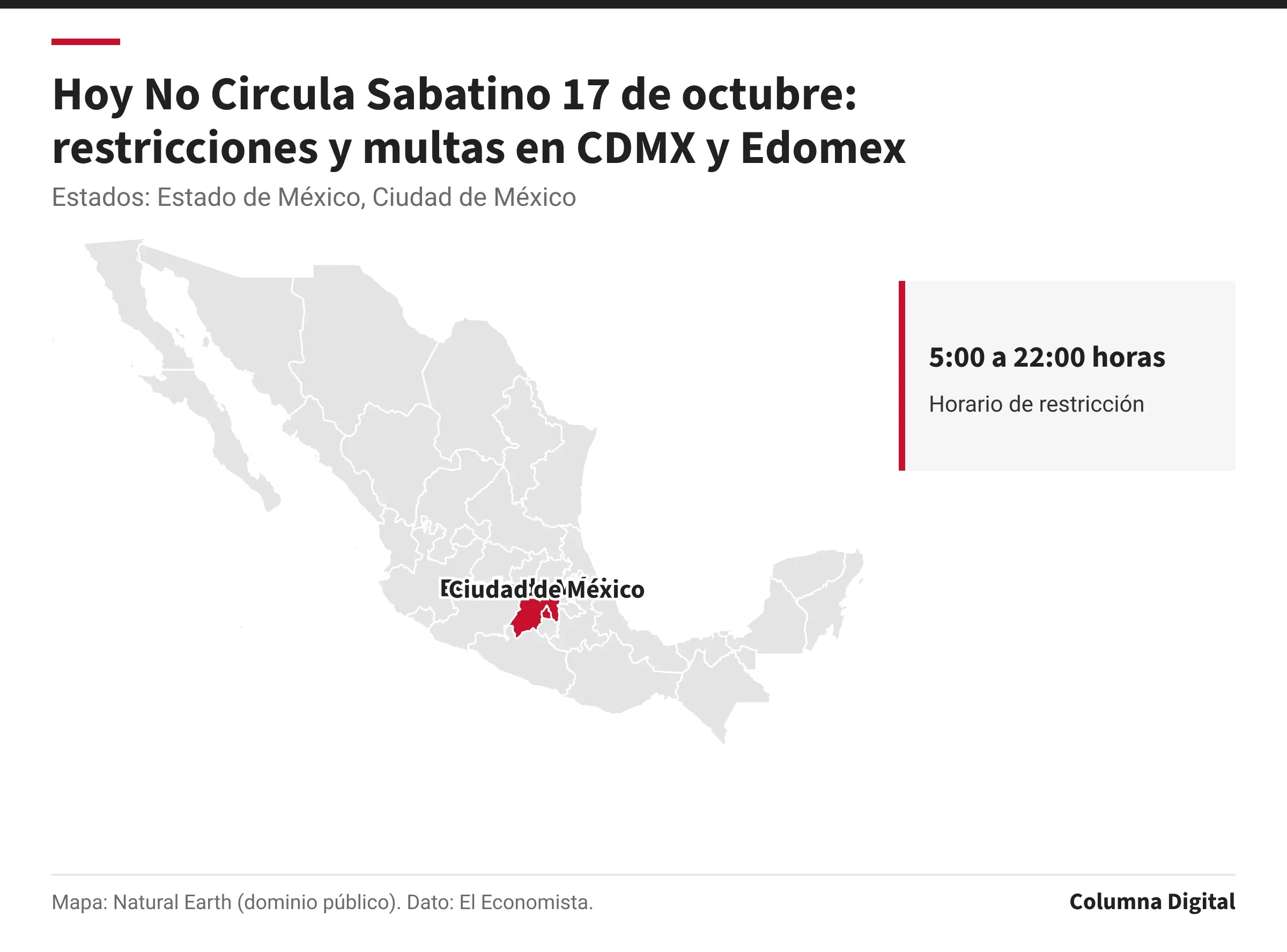 Mapa de México con Estado de México, Ciudad de México resaltados; 5:00 a 22:00 horas: Horario de restricción.