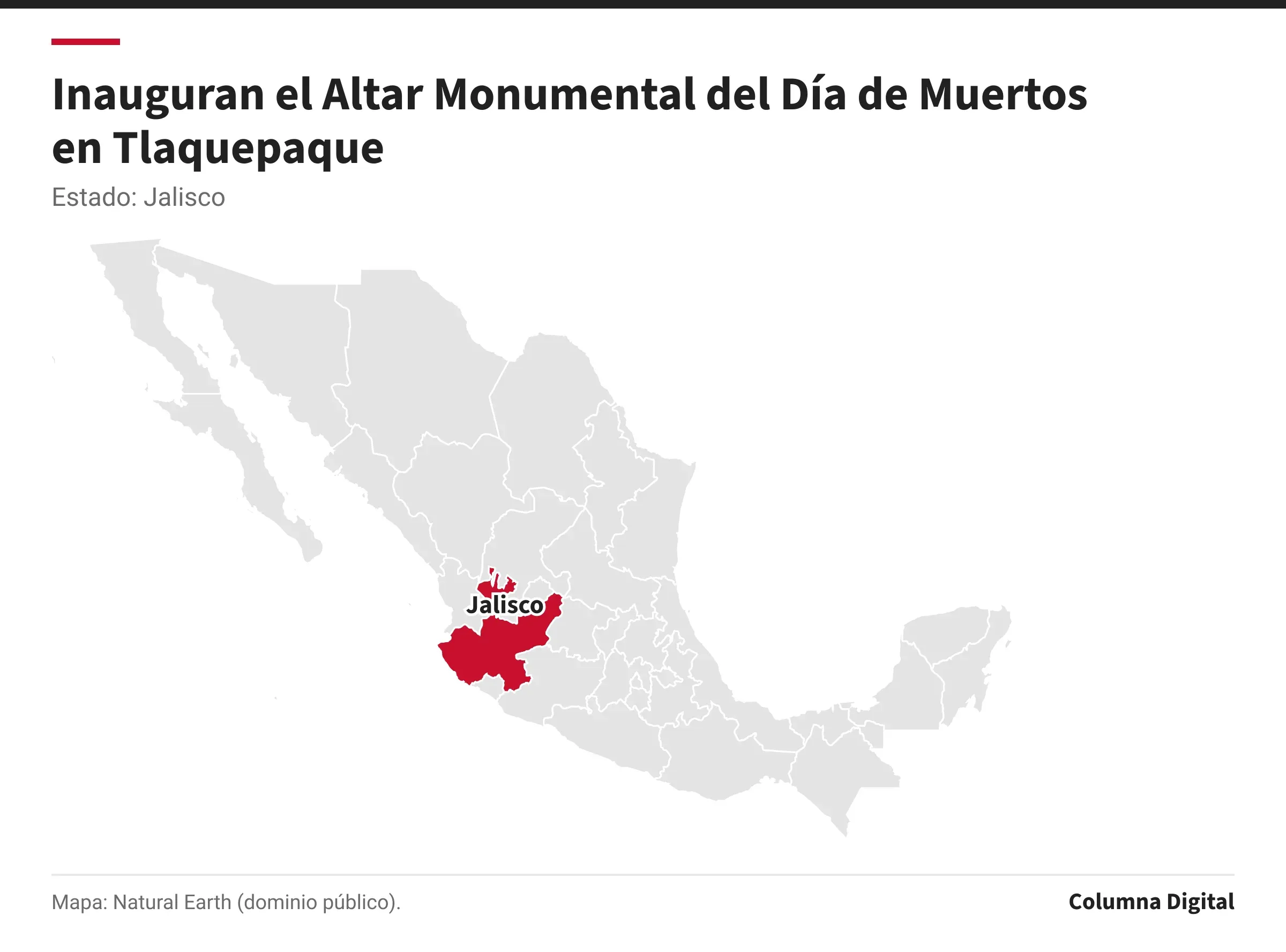 Mapa de México con Jalisco resaltado.