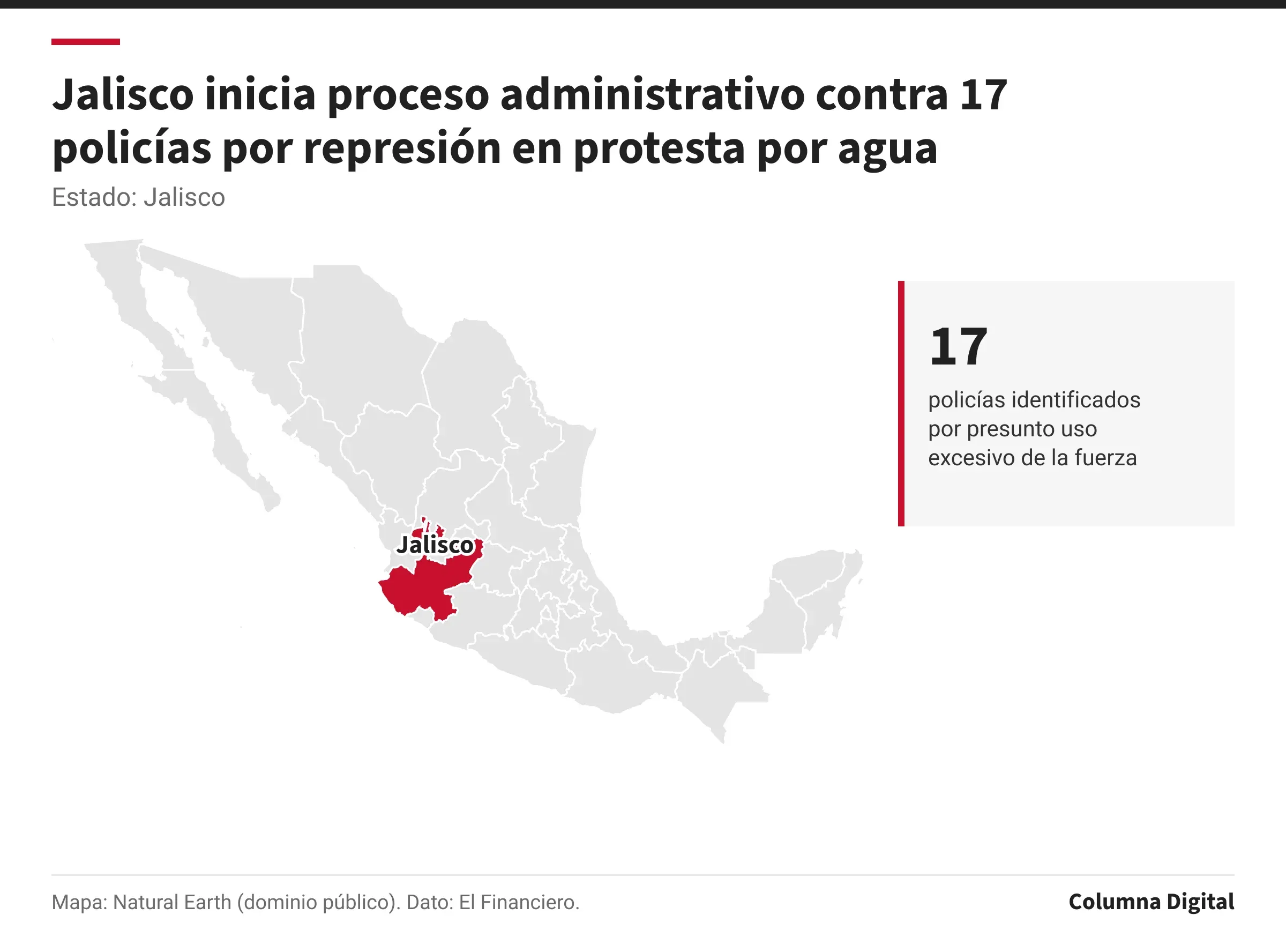 Mapa de México con Jalisco resaltado; 17: policías identificados por presunto uso excesivo de la fuerza.