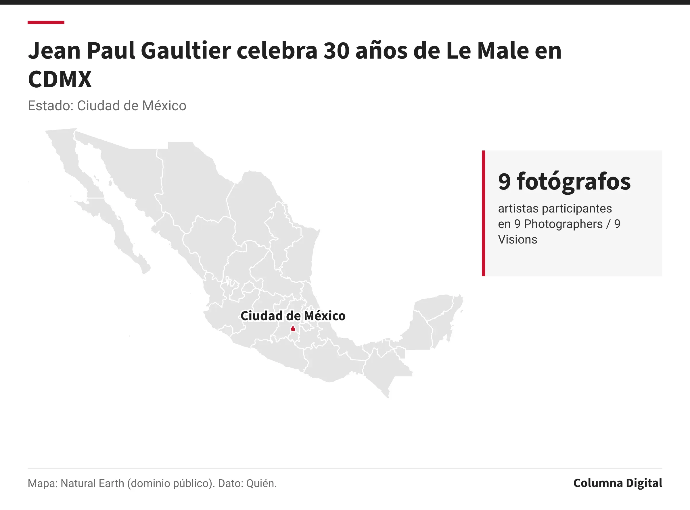 Mapa de México con Ciudad de México resaltado; 9 fotógrafos: artistas participantes en 9 Photographers / 9 Visions.