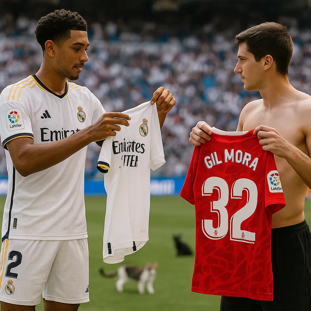 Jude Bellingham apoya a Gil Mora y se cambian camisetas.