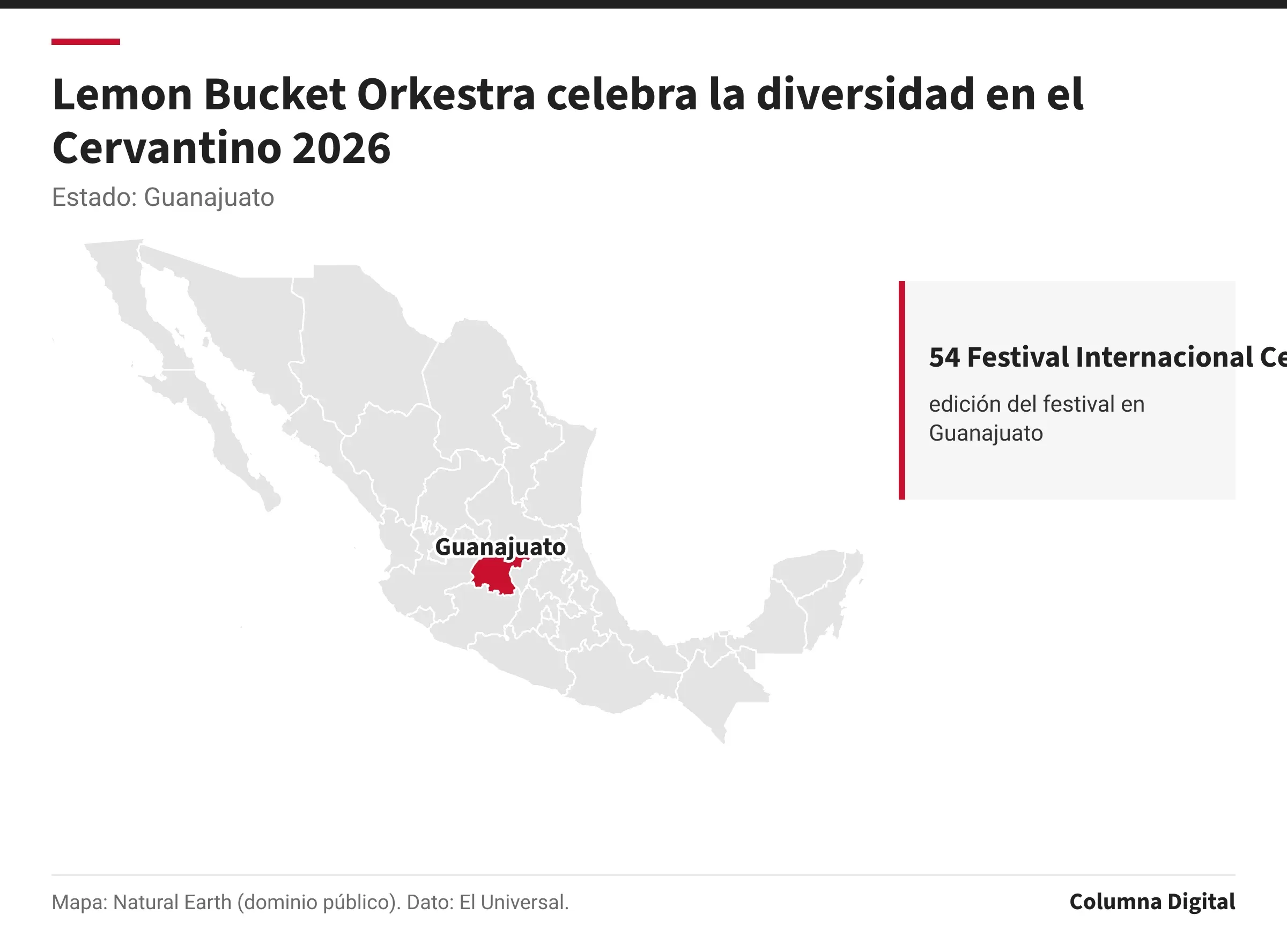 Mapa de México con Guanajuato resaltado; 54 Festival Internacional Cervantino: edición del festival en Guanajuato.
