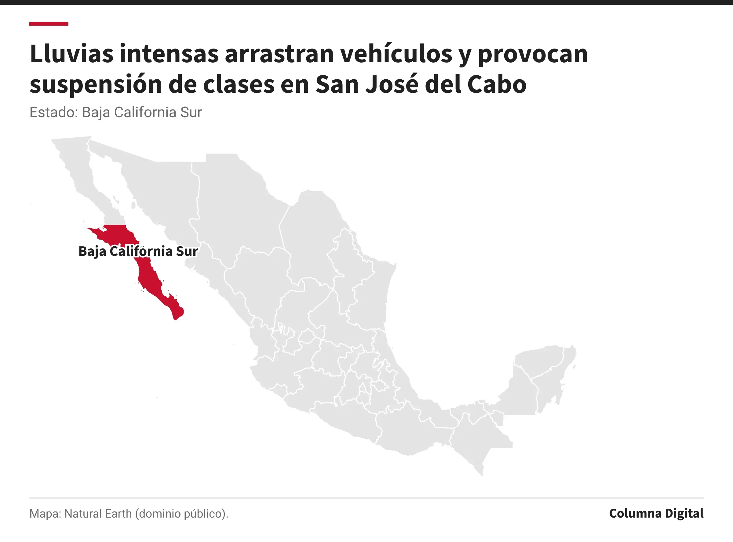 Mapa de México con Baja California Sur resaltado.