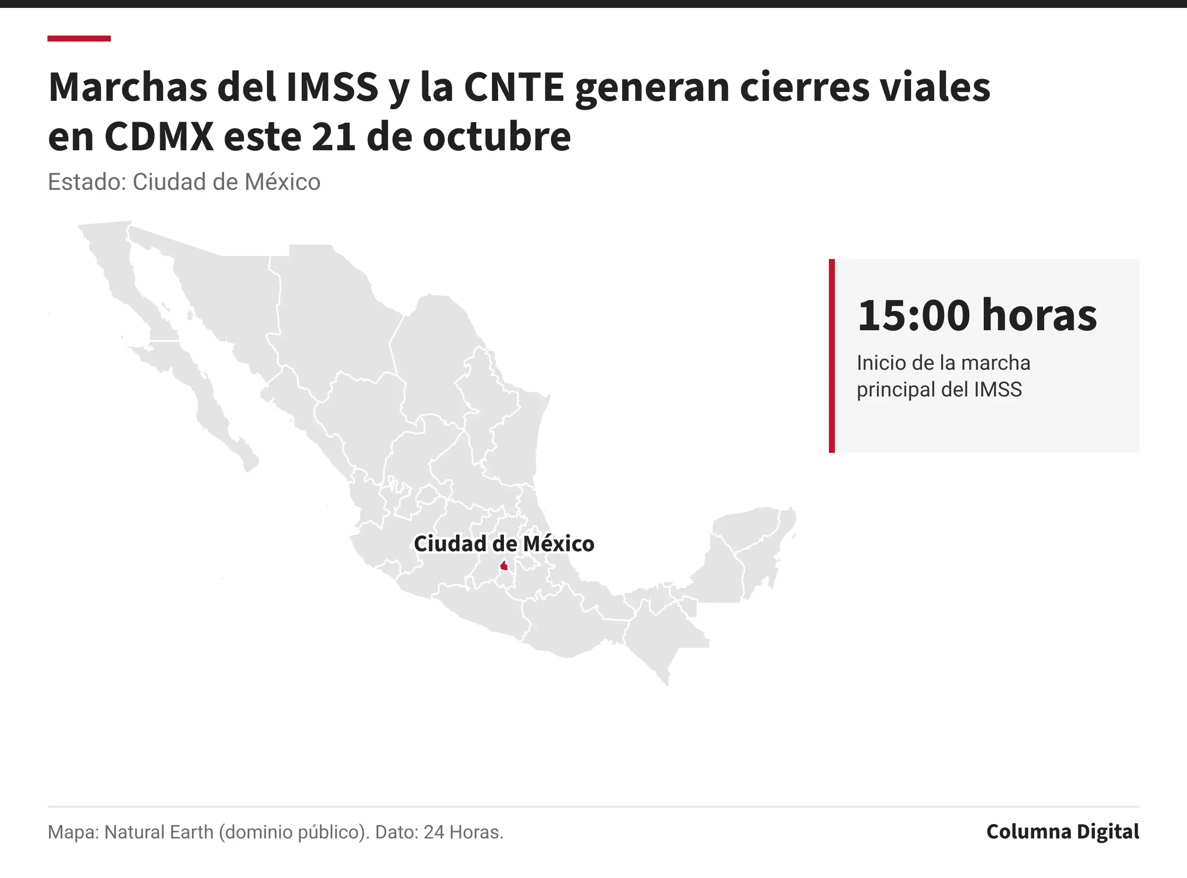 Mapa de México con Ciudad de México resaltado; 15:00 horas: Inicio de la marcha principal del IMSS.