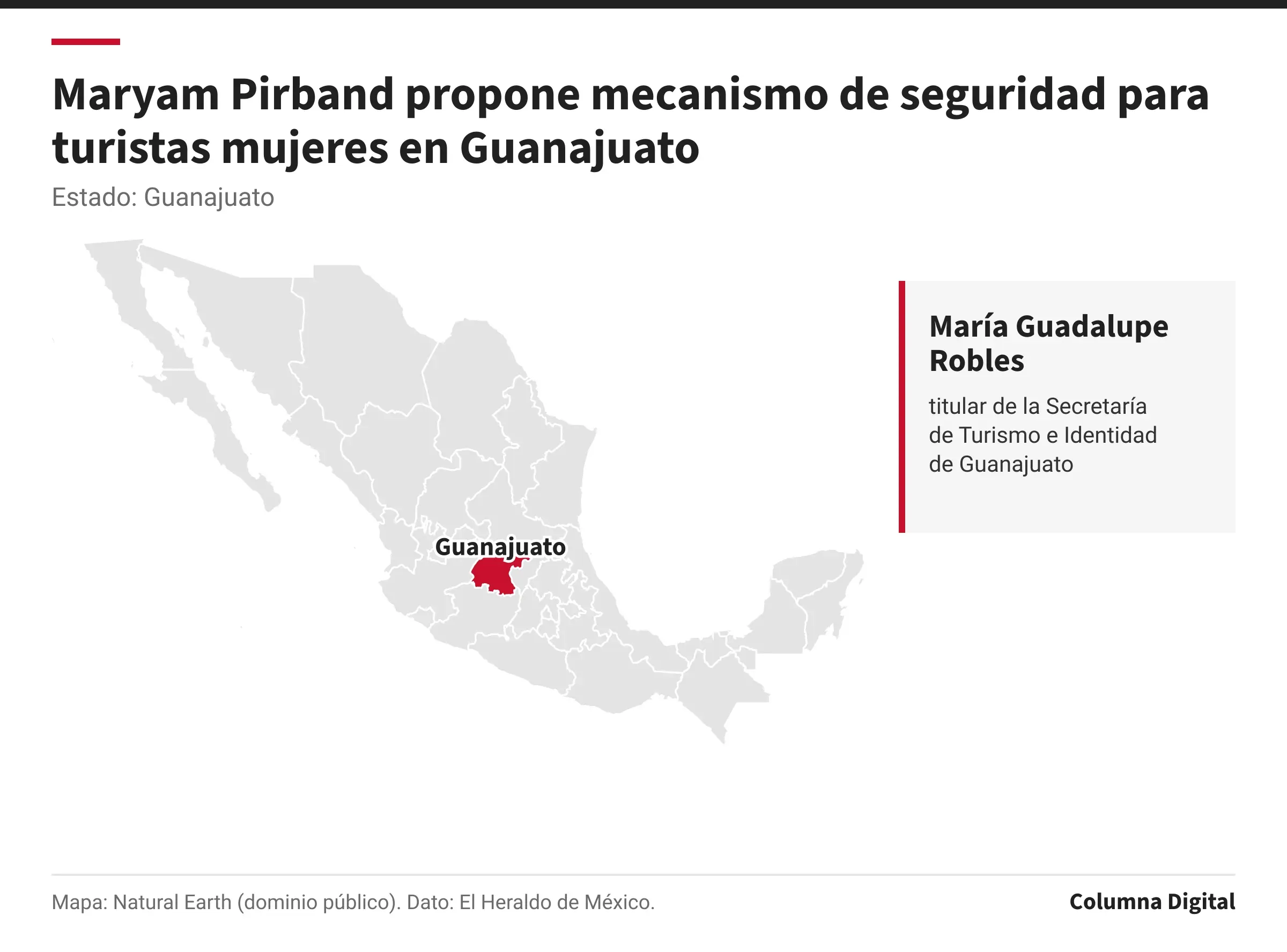 Mapa de México con Guanajuato resaltado; María Guadalupe Robles: titular de la Secretaría de Turismo e Identidad de Guanajuato.