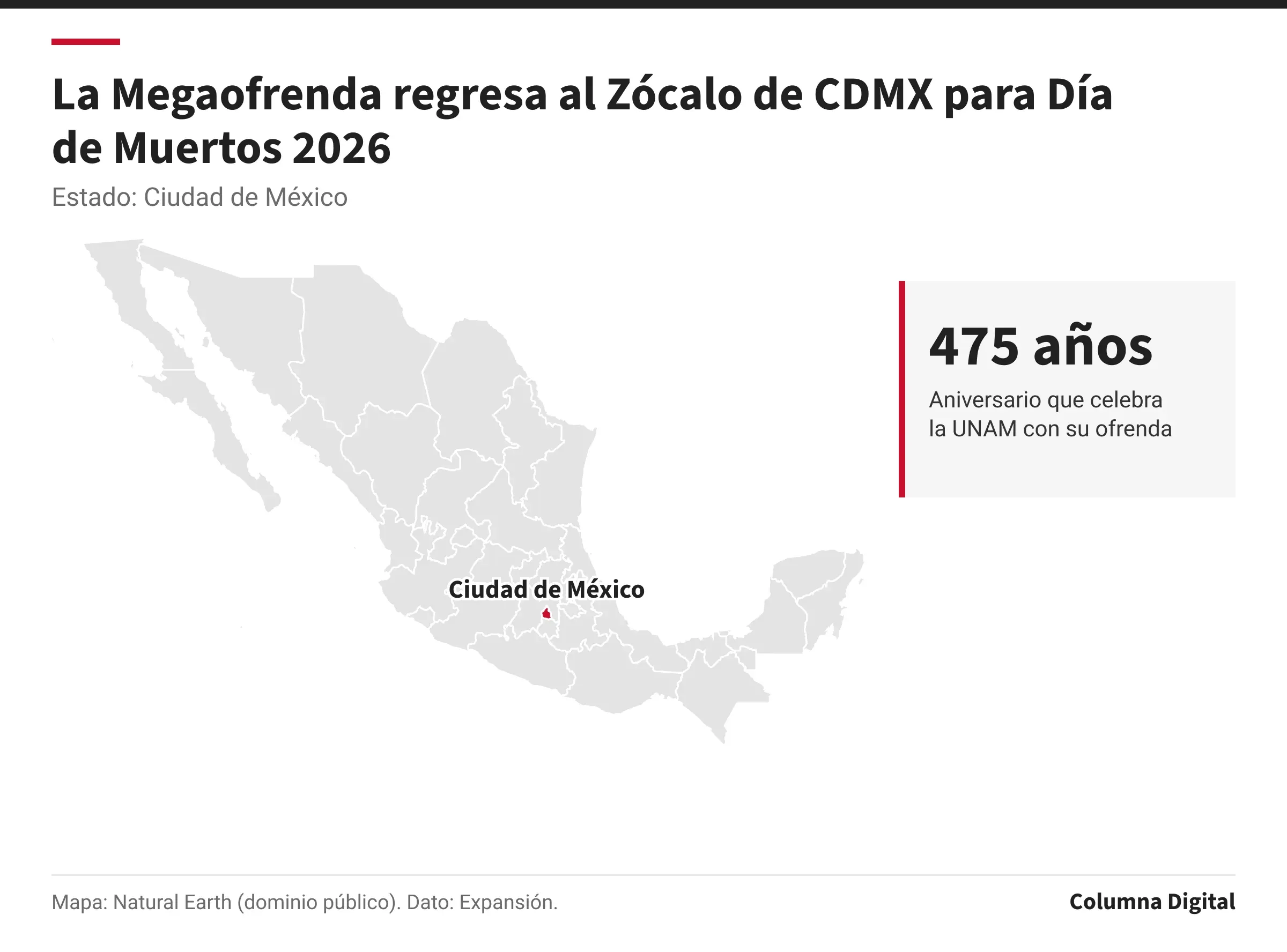 Mapa de México con Ciudad de México resaltado; 475 años: Aniversario que celebra la UNAM con su ofrenda.