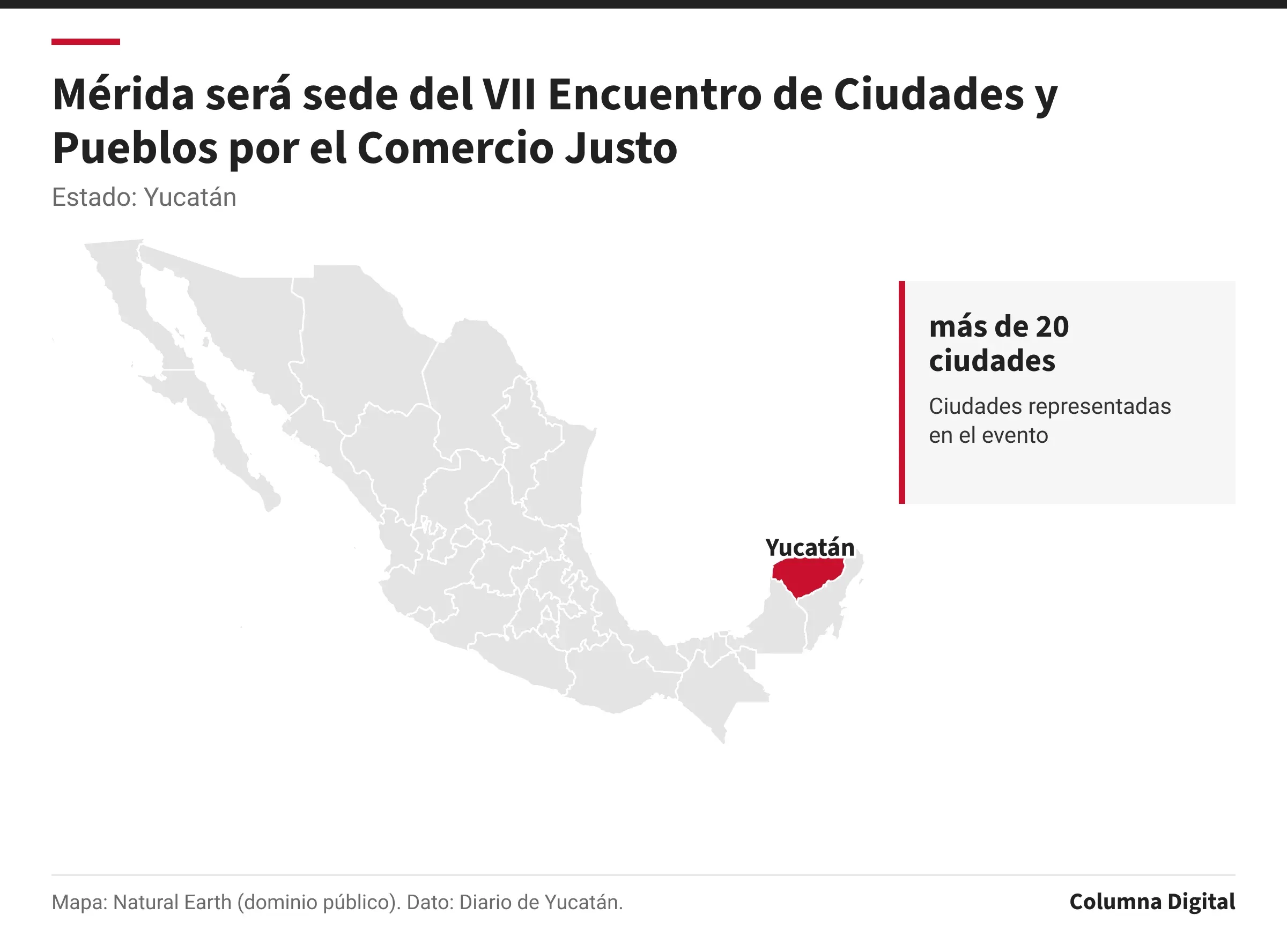 Mapa de México con Yucatán resaltado; más de 20 ciudades: Ciudades representadas en el evento.