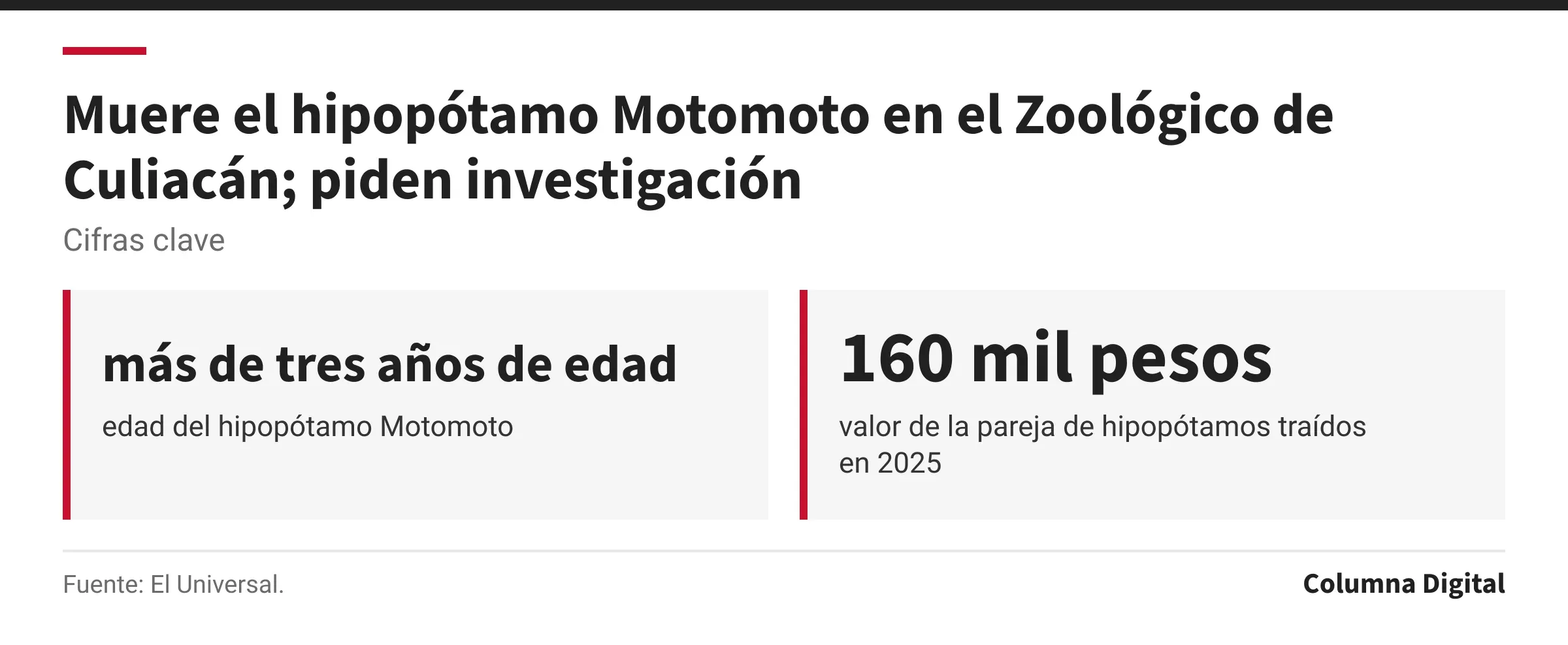 Cifras clave: más de tres años de edad, edad del hipopótamo Motomoto; 160 mil pesos, valor de la pareja de hipopótamos traídos en 2025.