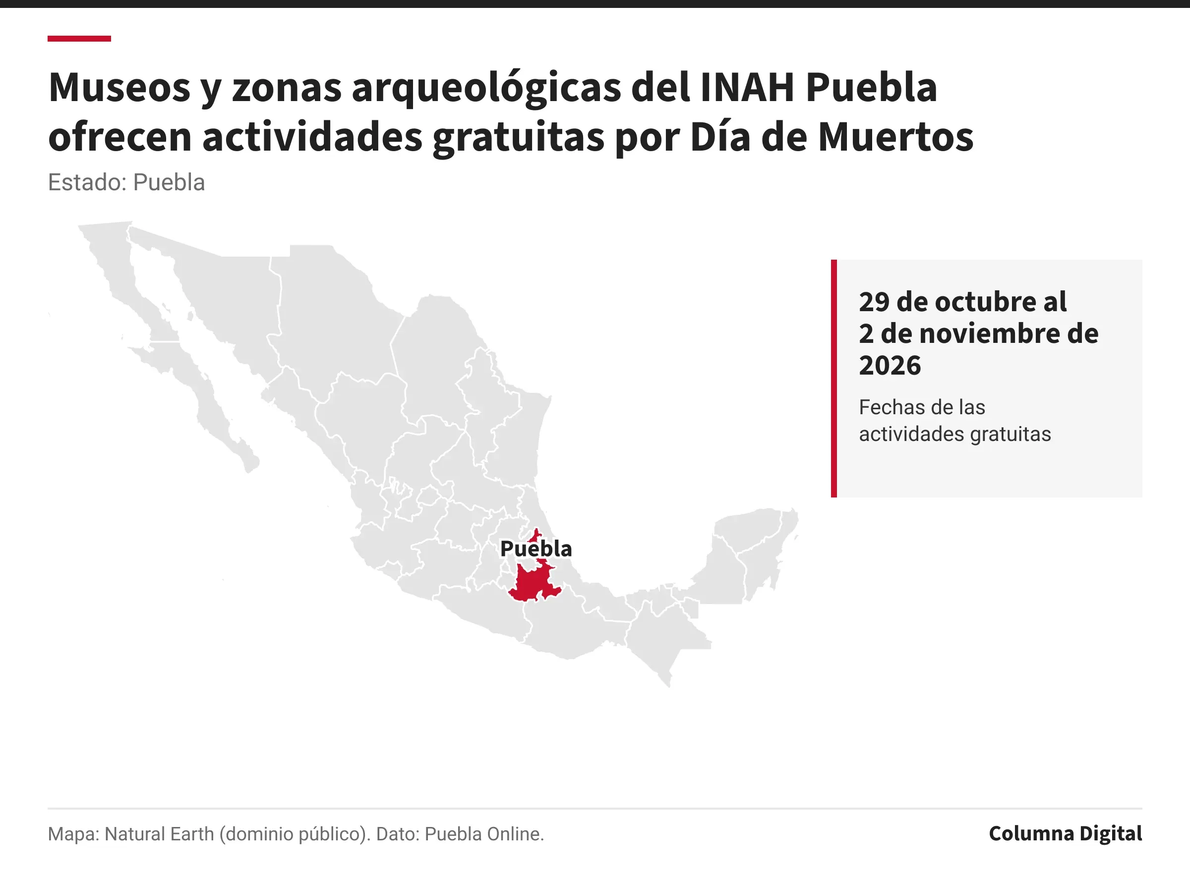 Mapa de México con Puebla resaltado; 29 de octubre al 2 de noviembre de 2026: Fechas de las actividades gratuitas.