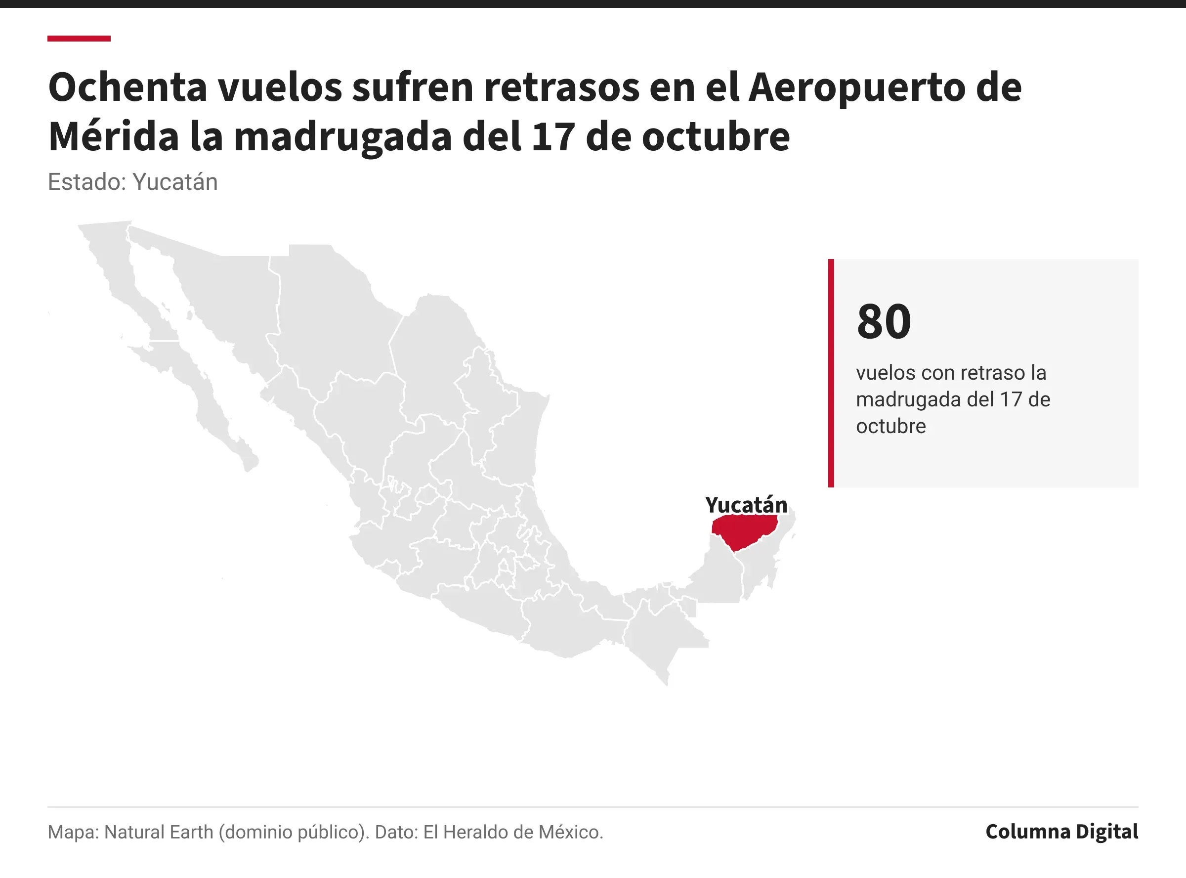 Mapa de México con Yucatán resaltado; 80: vuelos con retraso la madrugada del 17 de octubre.