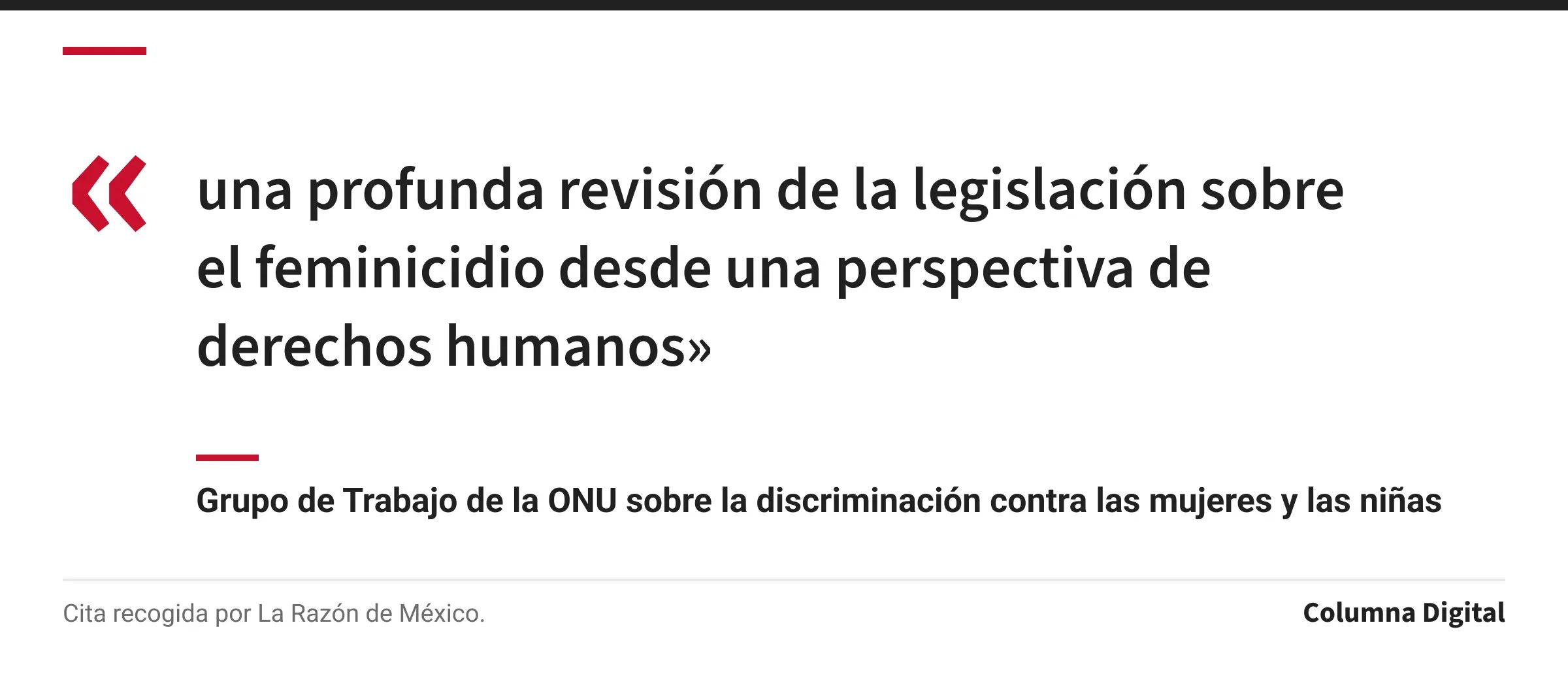 Cita de Grupo de Trabajo de la ONU sobre la discriminación contra las mujeres y las niñas: «una profunda revisión de la legislación sobre el feminicidio desde una perspectiva de derechos humanos»