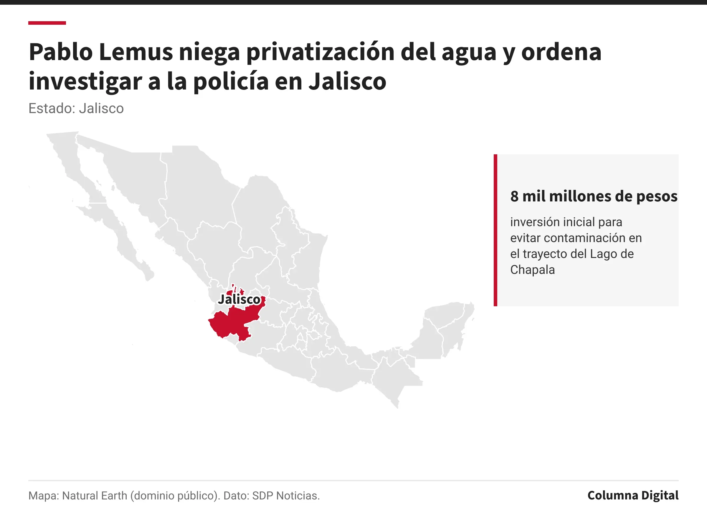 Mapa de México con Jalisco resaltado; 8 mil millones de pesos: inversión inicial para evitar contaminación en el trayecto del Lago de Chapala.