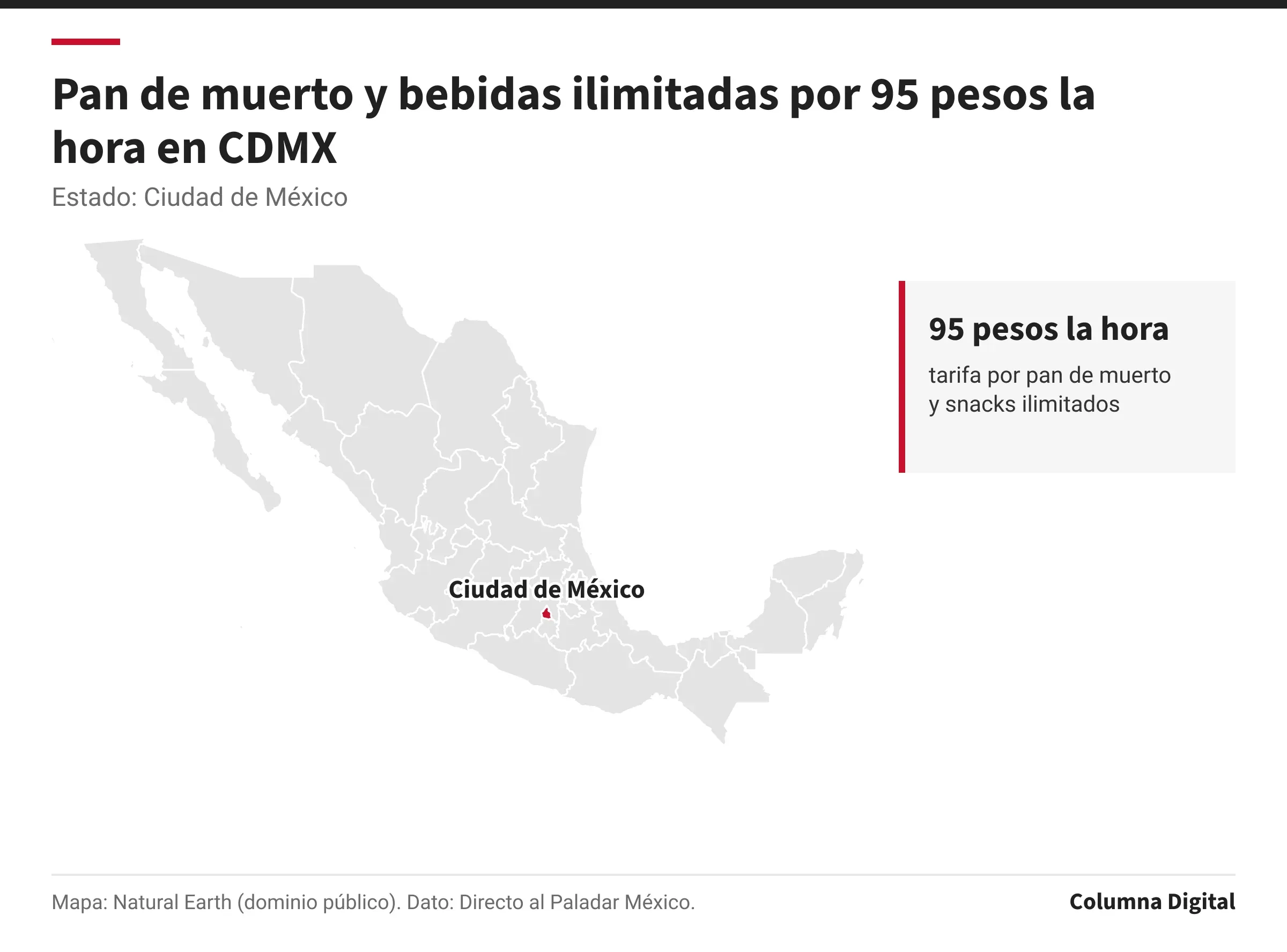 Mapa de México con Ciudad de México resaltado; 95 pesos la hora: tarifa por pan de muerto y snacks ilimitados.