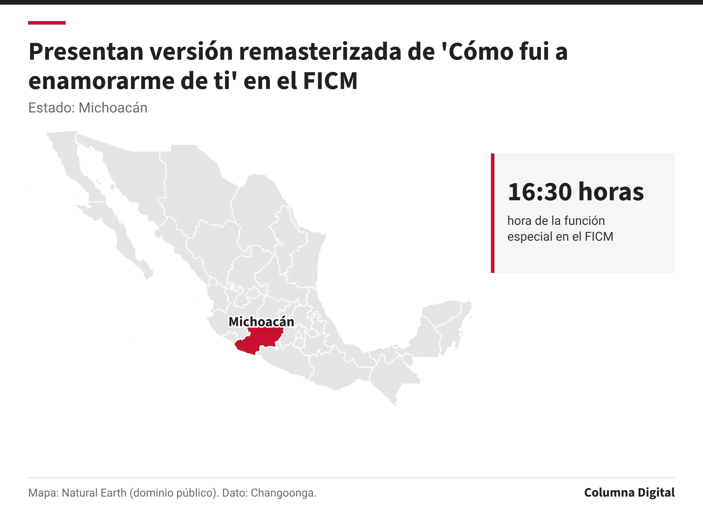 Mapa de México con Michoacán resaltado; 16:30 horas: hora de la función especial en el FICM.